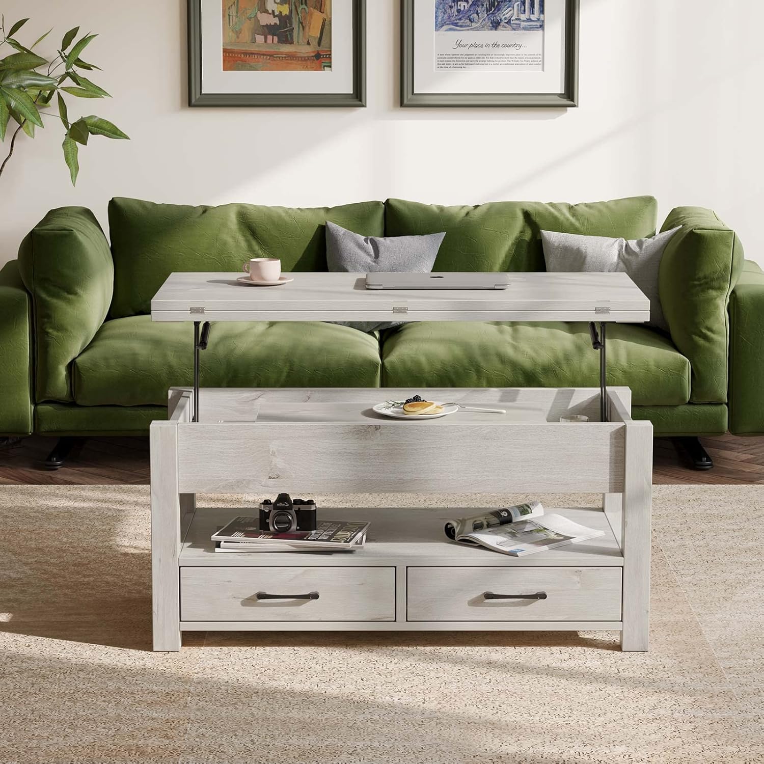 Rolanstar Coffee Table Lift Top, Multi-Function Convertible Coffee Table with Drawers and Hidden Compartment, Converts to Dining Table for Living Room, Home Office,Grey