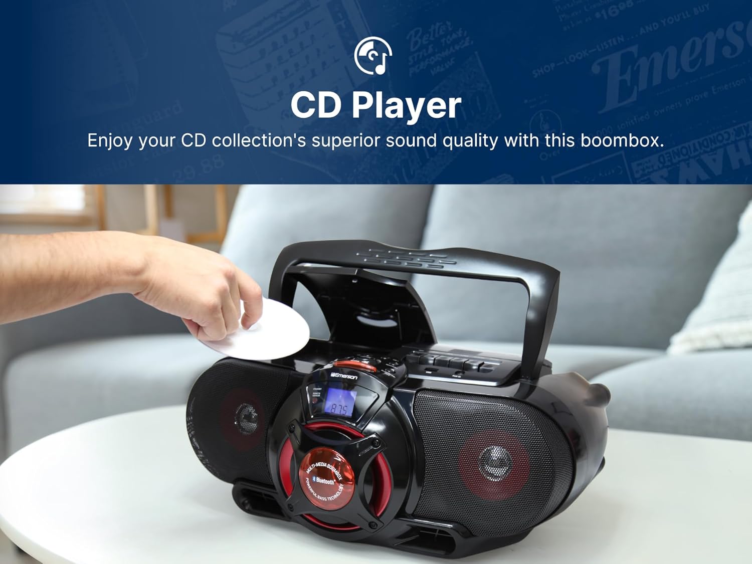 Emerson EPB-3002 Portable Bluetooth, MP3/CD AM/FM Stereo Radio Cassette Player/Recorder with Subwoofer and USB Input Boombox