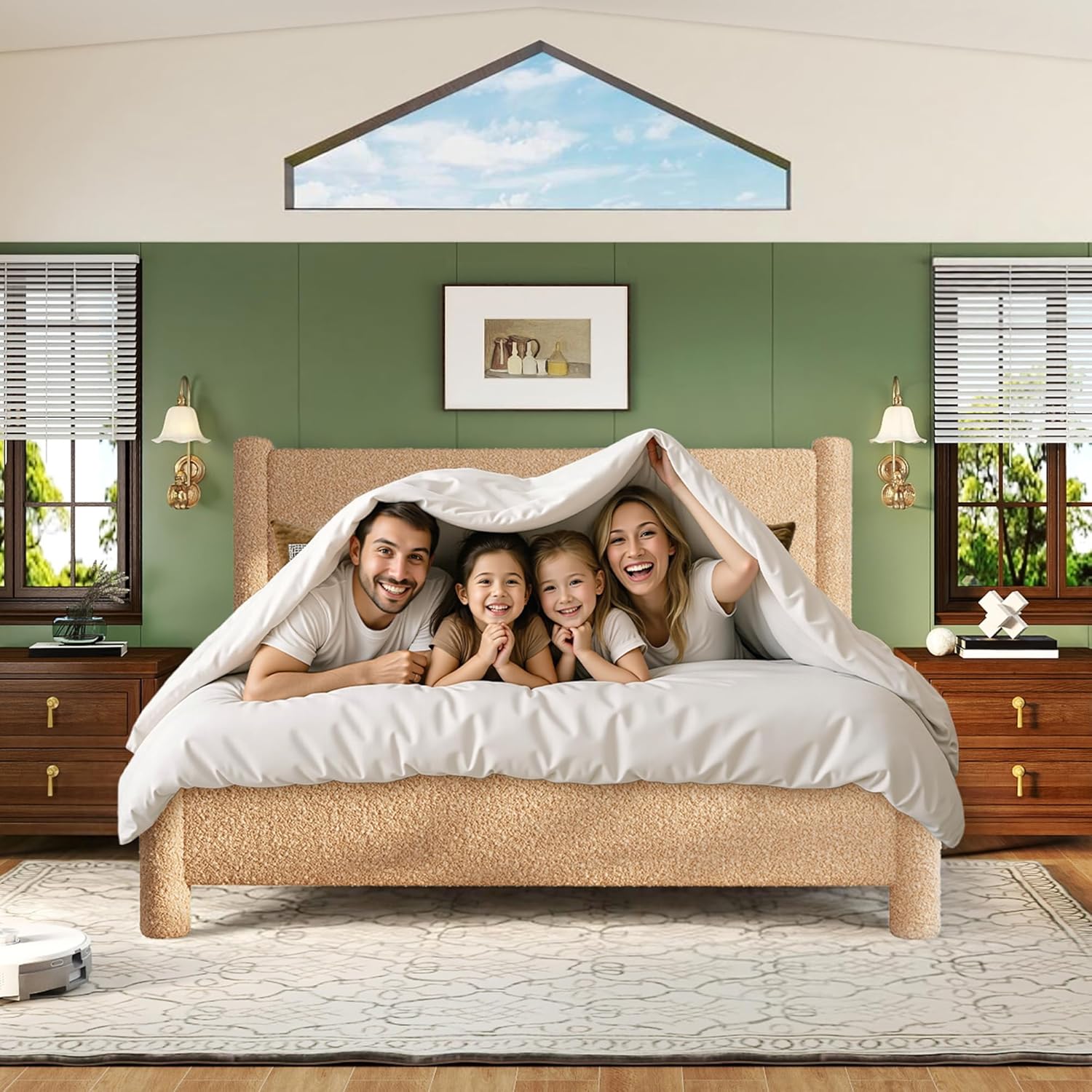 AMERLIFE Queen Boucle Cloud Upholstered Bed Frame with Cylinder Headboard, Modern Platform Structure, Sherpa Boucle Soft Design, No Box Spring Needed, Khaki