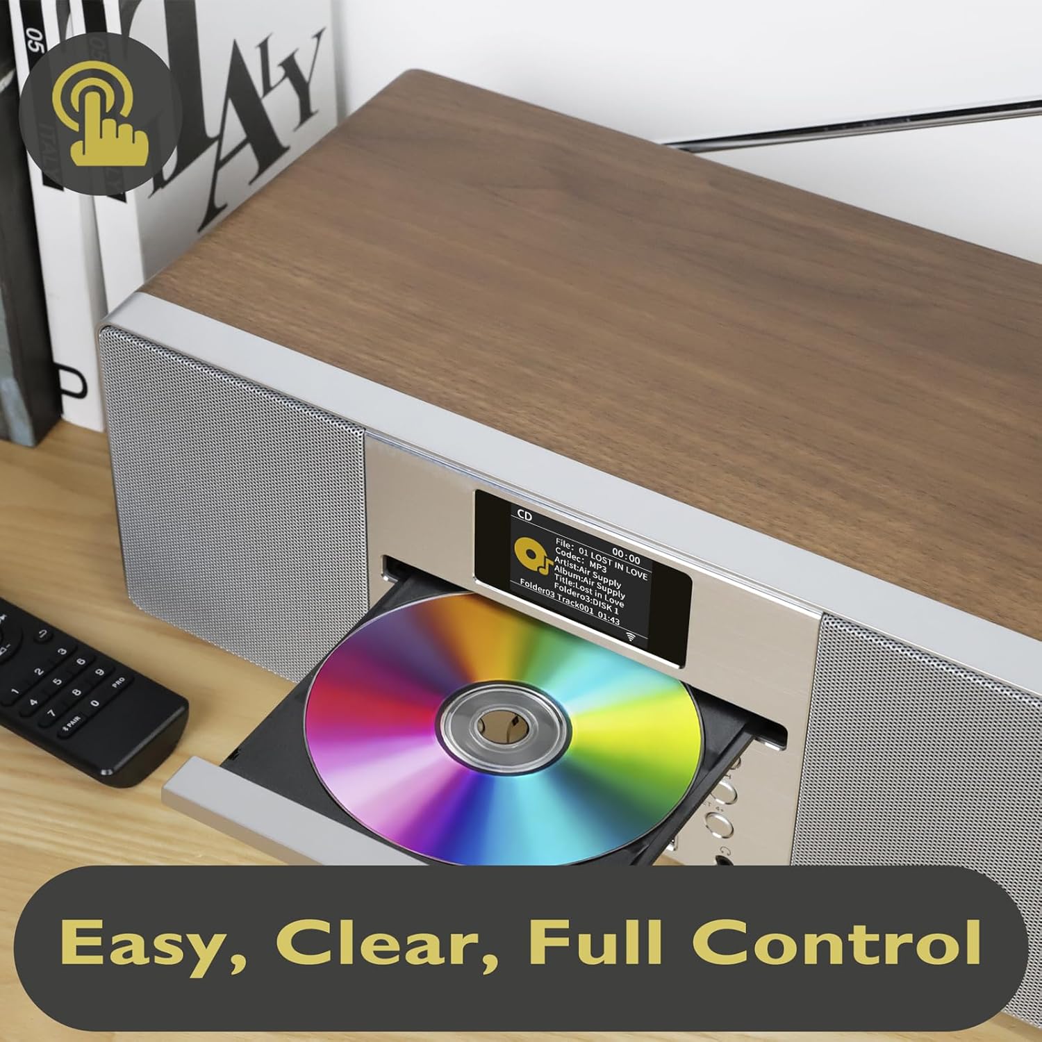 LEMEGA MSY1+ CD Player with FM Radio, Bluetooth Streaming, 80W Stereo HiFi System, Full Colour Display, 30 Presets, Remote Control, Acoustic Wooden Cabinet - Dark Walnut