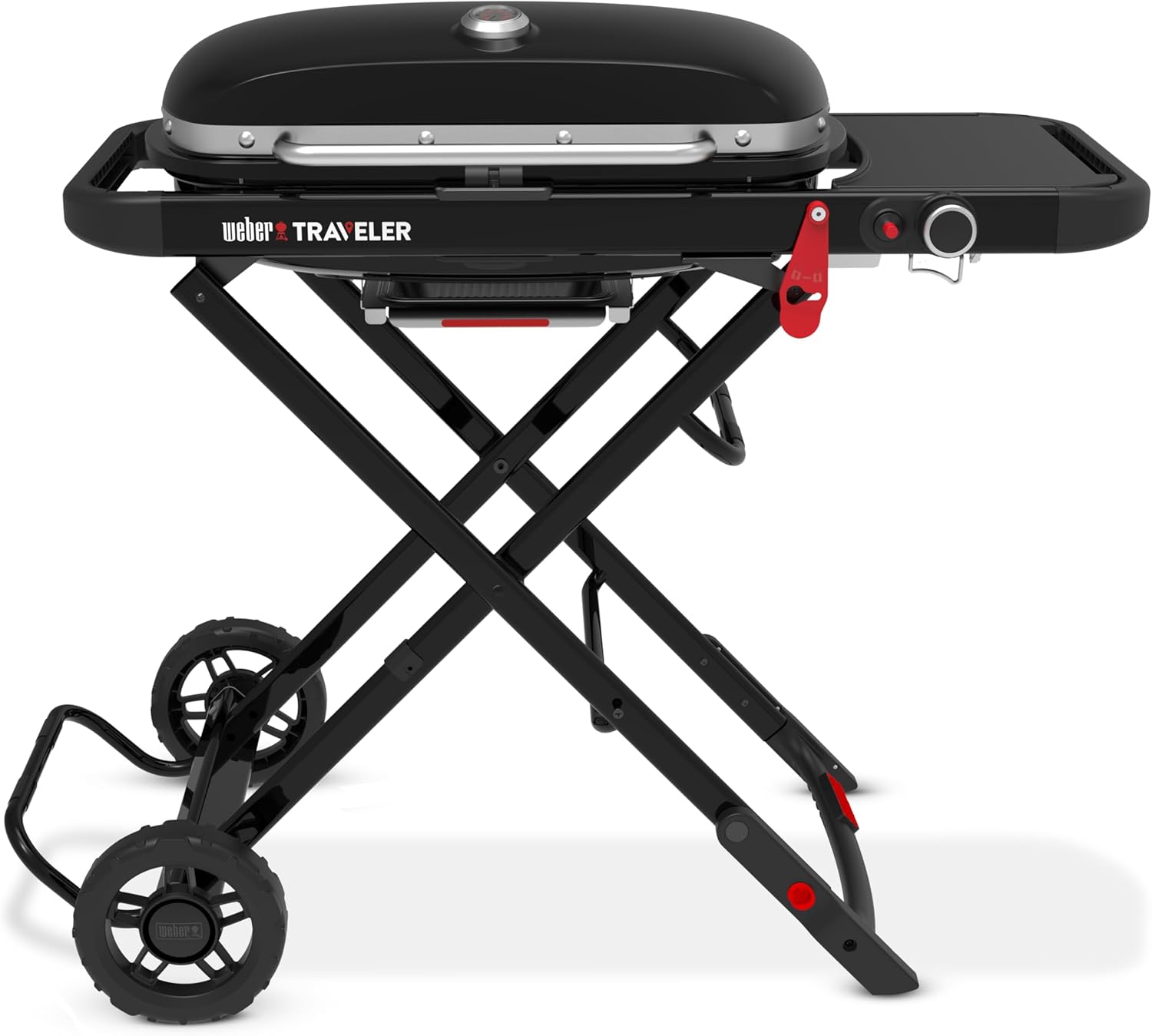 Weber Traveler® Portable Gas Grill (Liquid Propane) for Outdoor Cooking – Black, Porcelain-Enameled Lid, Side Table, Folding Portable Grill with Wheels for Camping, Tailgating & Travel