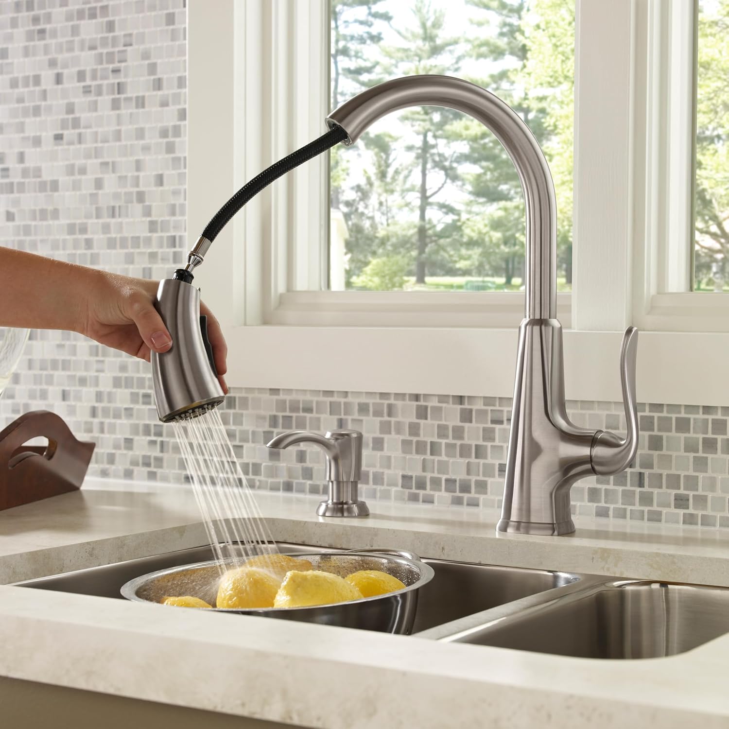 Pfister Pasadena Kitchen Faucet with Pull Down Sprayer and Soap Dispenser, Single Handle, High Arc, NSF Certified, Stainless Steel Finish, F5297PDS
