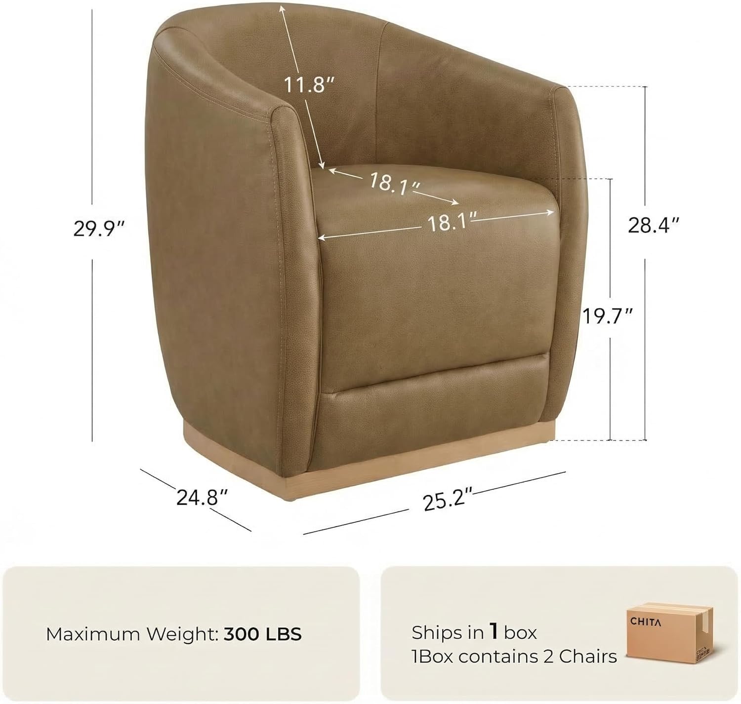 CHITA Upholstered Dining Chairs with Casters Set of 2, Genuine Leather Barrel Chair with Backrest & Dual Armrest, Rolling Chairs for Dining Room, Bedroom, Kitchen, Reading Room, Living Room (Mocha)