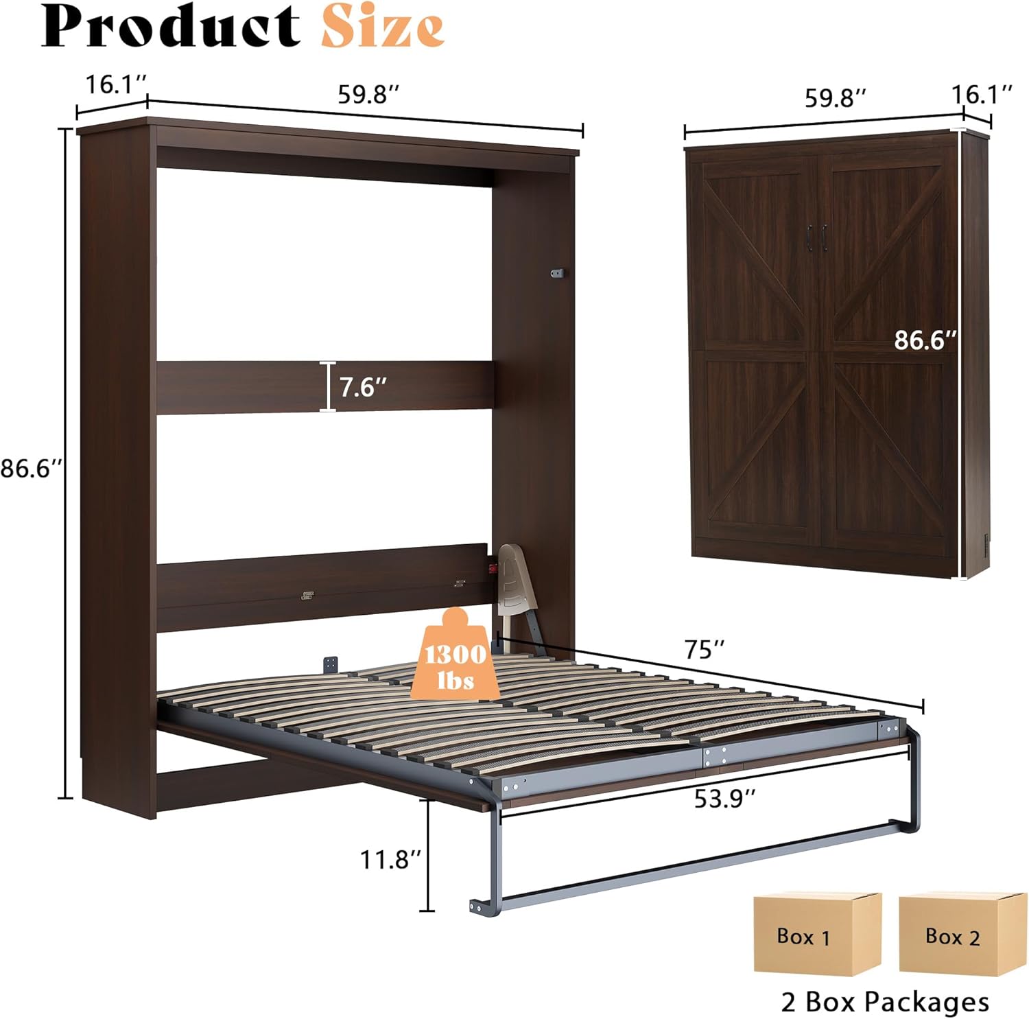 AMERLIFE Full Size Murphy Bed with LED Light, Farmhouse Foldable Wall Bed with Charging Station & Gas Struts, Space-Saving Hidden Bedframe for Guest Room, Bedroom & Home Office, Brown