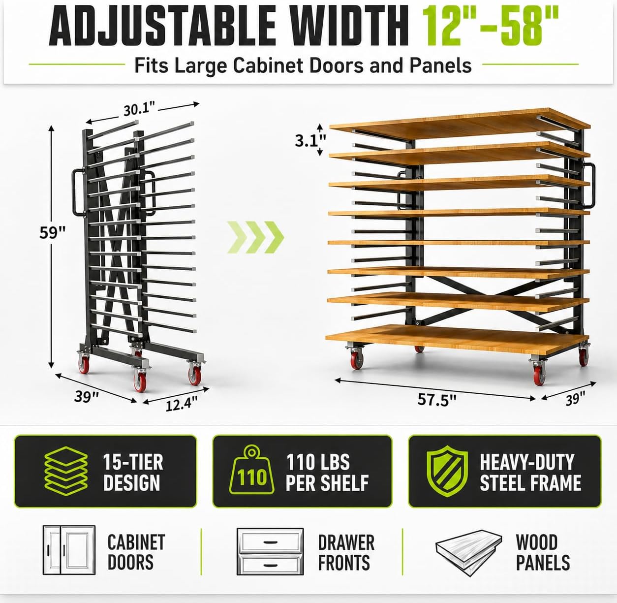 Paint Drying Rack,15-Tier Heavy-Duty Steel Drying Painting Rack for Cabinet Doors, Adjustable Width 12 to 58 Inch,110 lbs Per Shelf,Black Drying Rack with Lockable Wheels for Paint Shops