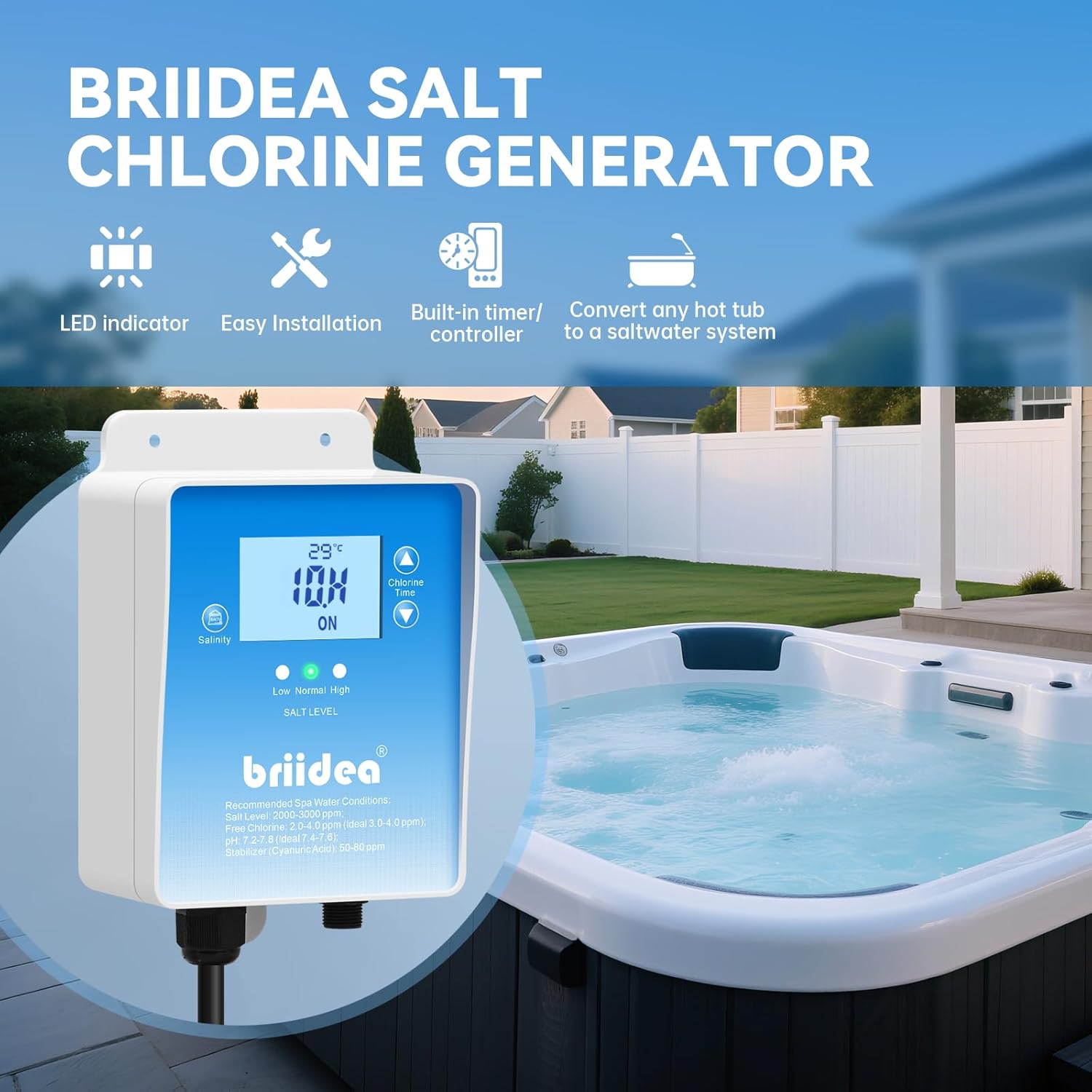 Salt Chlorine Generator, Briidea Chlorine Generator with USA Titanium Salt Cell, Designed for Hot Tubs & Swim Spas, Up to 2000 Gallons, Chemical-Free