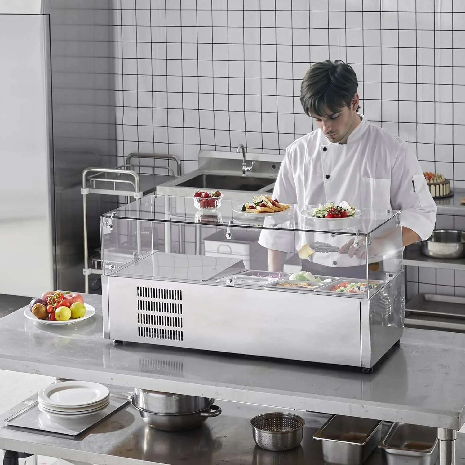 Refrigerated Condiment Prep Station, 135 W Countertop Refrigerated Condiment Station, with 2 1/3 Pans & 4 1/6 Pans, 304 Stainless Body and PC Lid, Sandwich Prep Table with Stainless Guard, ETL