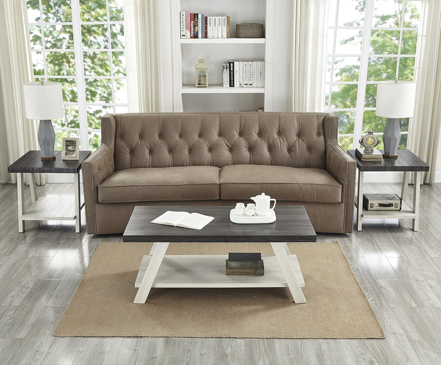 Roundhill Furniture Athens Contemporary 3-Piece Wood Shelf Coffee Table Set, Weathered Charcoal and Beige