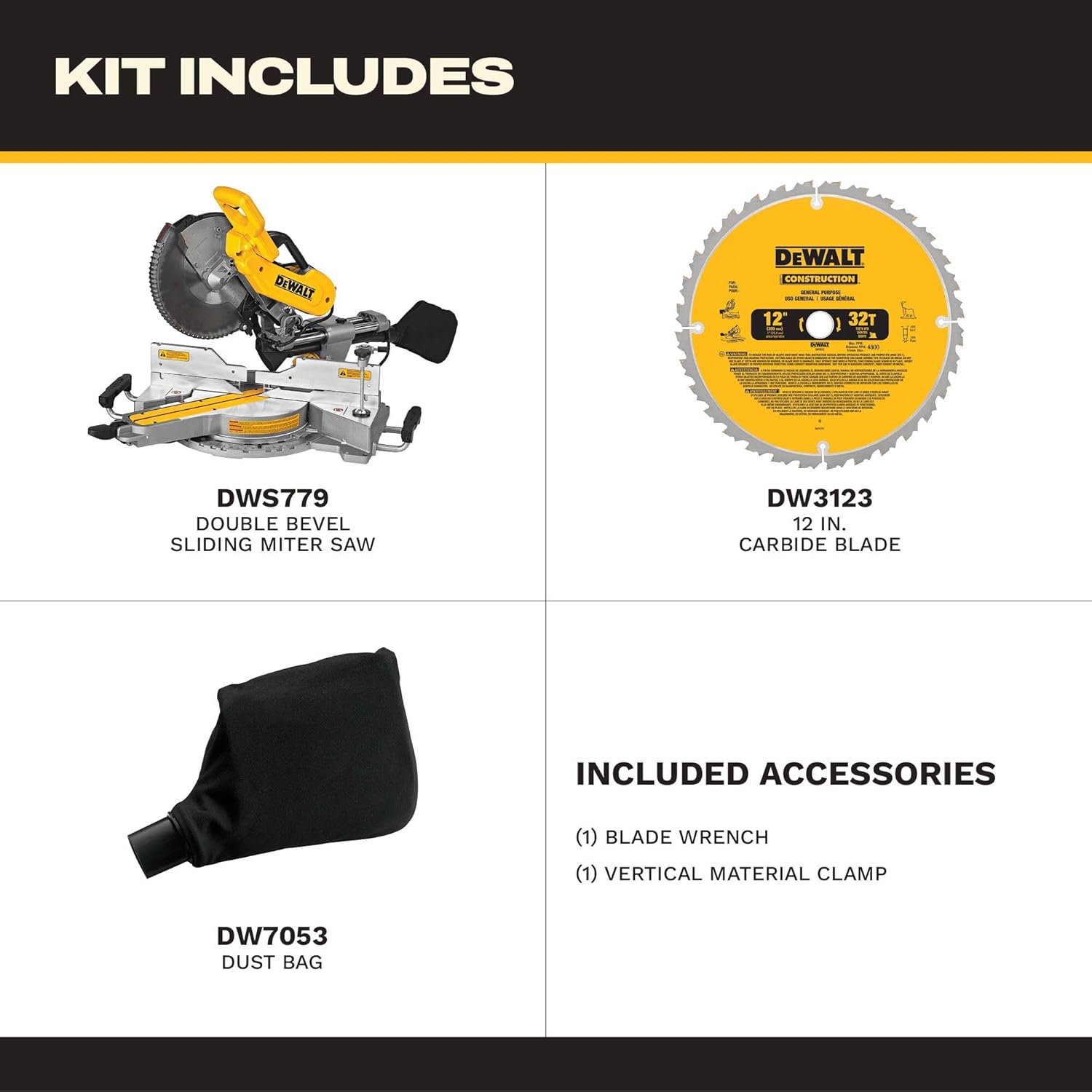 DEWALT Miter Saw, 12 Inch Double Bevel Sliding Compound Miter Saw, Includes Blade Wrench and Clamp, Increased Crosscut Capacity, Powerful 3800 RPM Motor 15 Amp (DWS779)