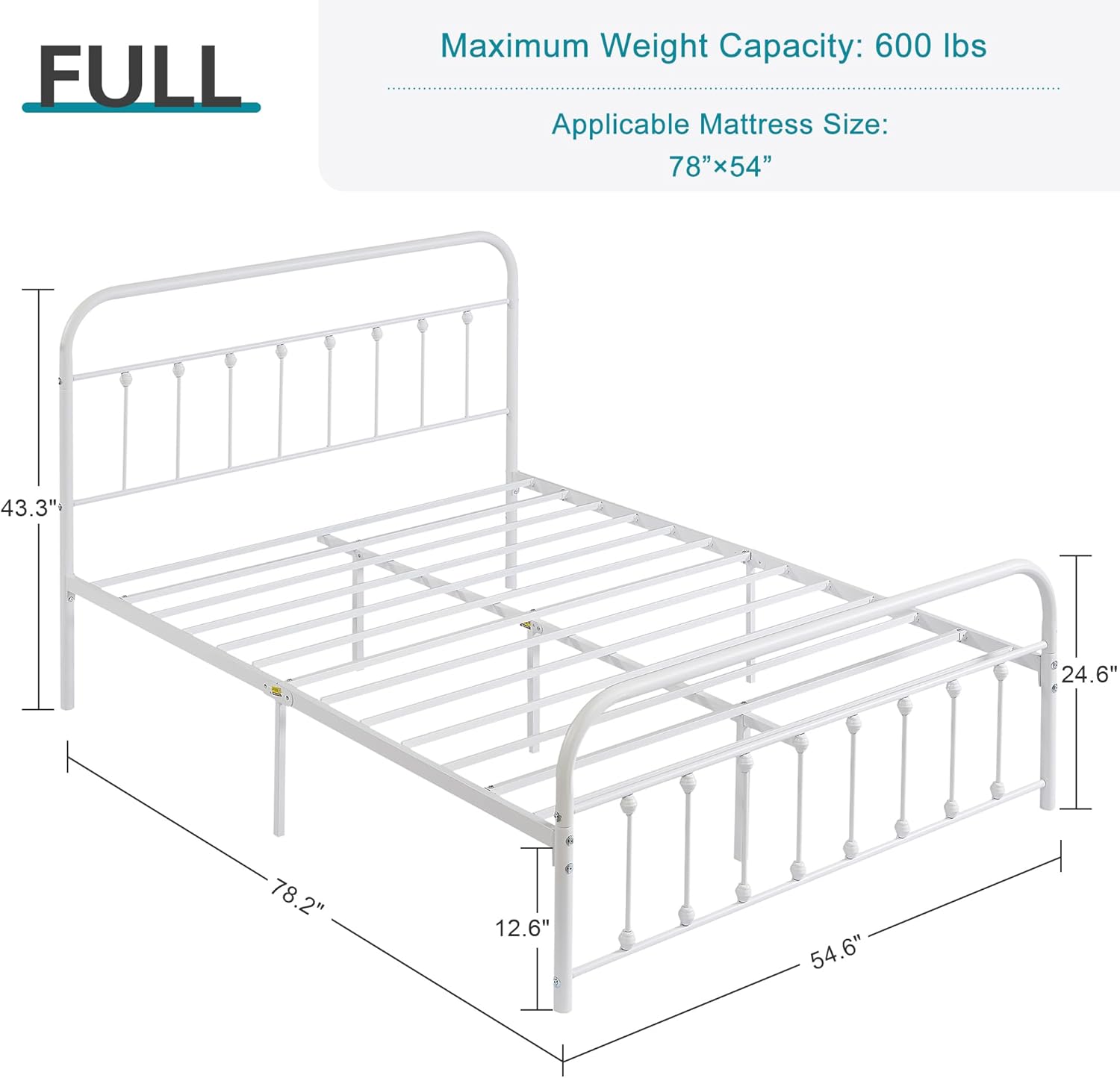 VECELO Classic White Victorian Style Metal Bed Frame with Headboard and Footboard Under Bed Storage No Box Spring Needed Strong Slat Suppor Bed Frame Full Size