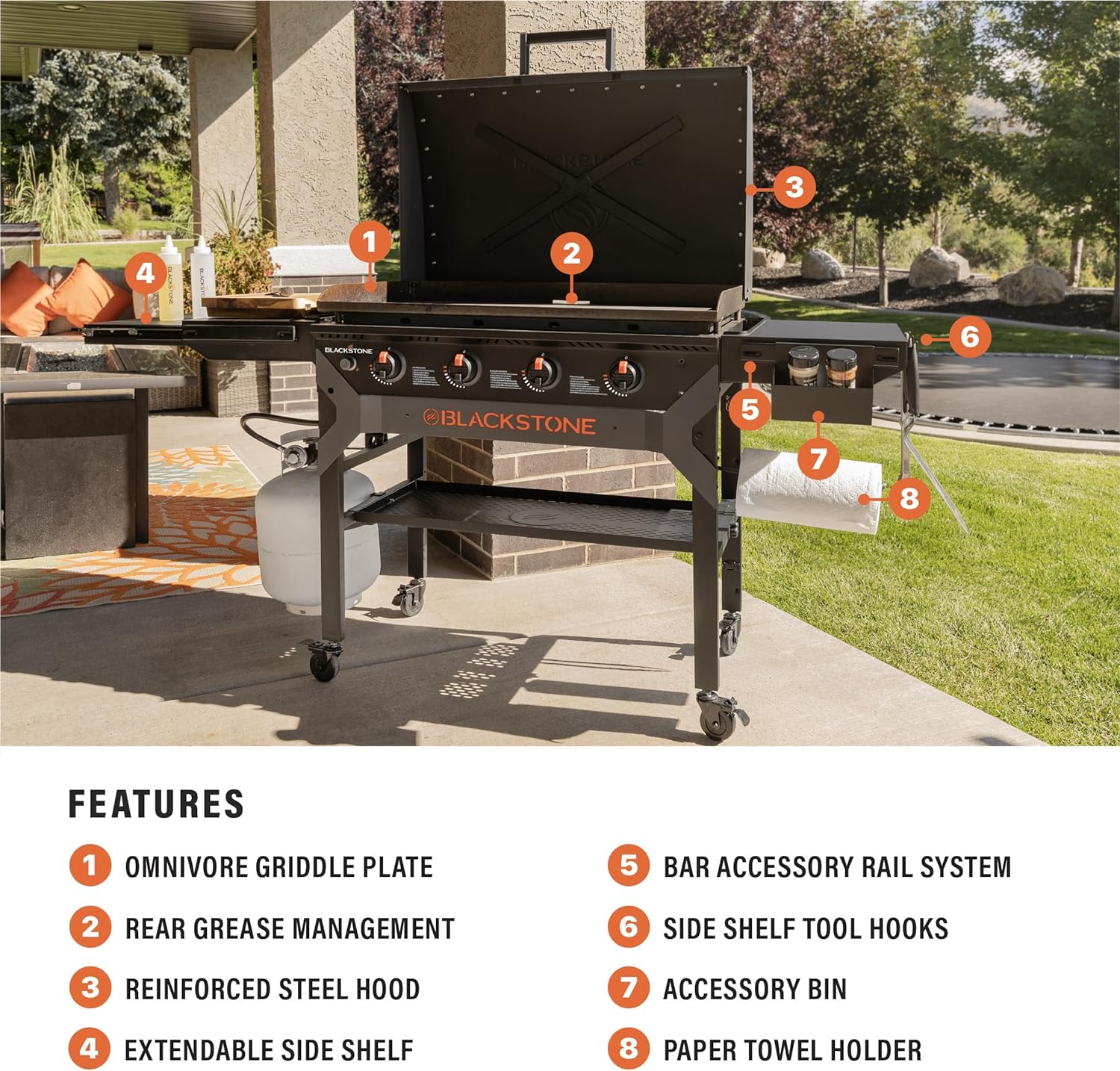 Blackstone 2310 Iron Forged 36” Omnivore Griddle with X-Braced Hood, Powder Coated Steel, Black