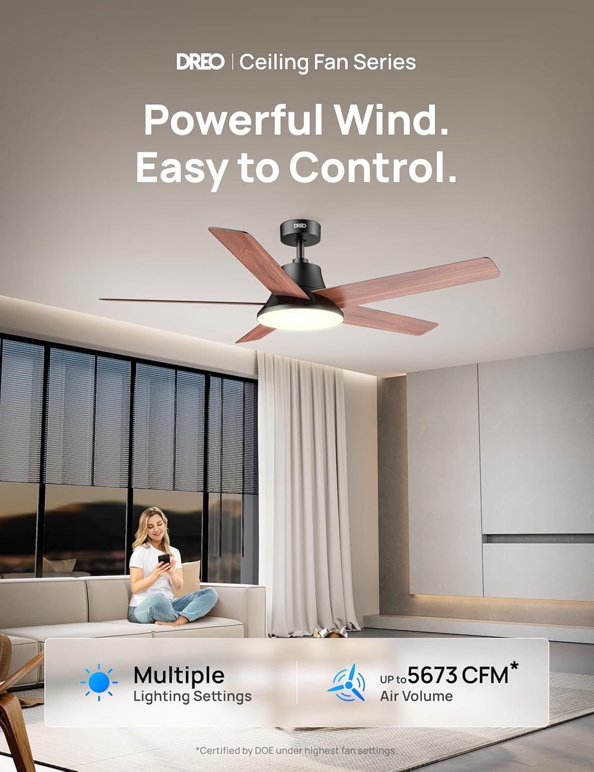 DREO Smart Ceiling Fan with Lights, 52 Inch, 12 Speeds & 3 Fan Modes, Stepless Color Tones, Dimmable LED Light, 12H Timer, Quiet DC Motor, Remote/APP/Alexa Control, Black Ceiling Fans Indoor