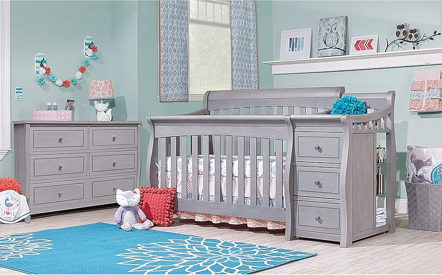 Sorelle Furniture Princeton Elite Crib and Changer Classic -in- Convertible Diaper Changing Table Made of Pine Wood Non-Toxic Wooden Baby Bed Toddler Childs Daybed Full-Size Nursery - Weathered Grey