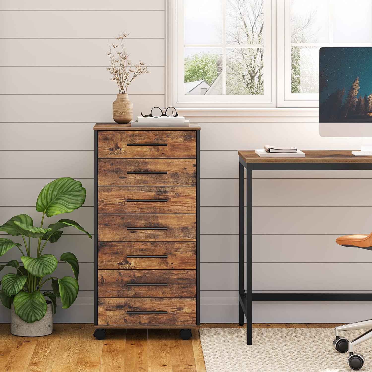 HOOBRO 7-Drawer File Cabinet, Wooden Office Cabinet with Drawers, Mobile Storage Filing Drawer for Home Office, Study, Easy Assembly, Rustic Brown and Black BF07WJ01