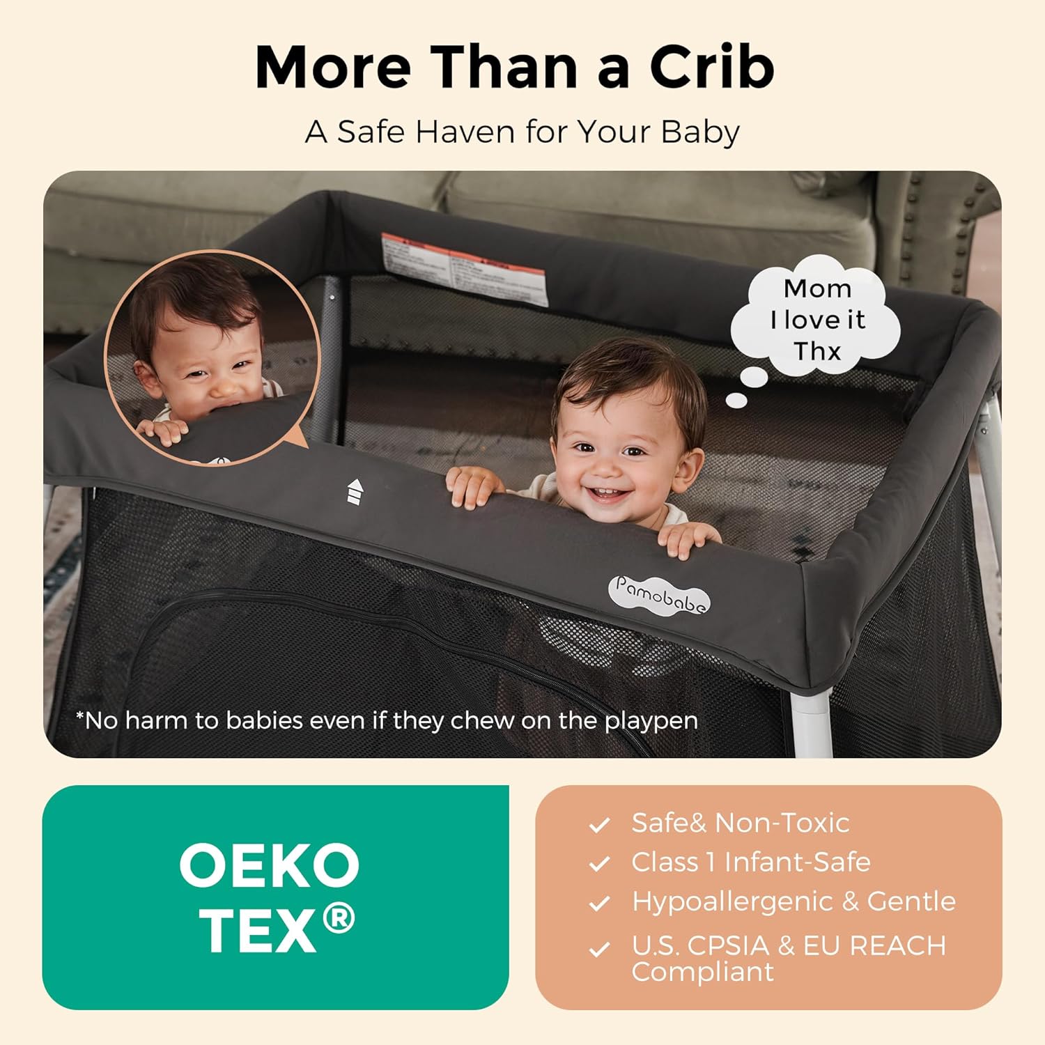Pamo Babe Travel Pack and Play, Certified Baby Safe Travel Crib, Extra Large Portable Playpen with Mattress & Zipper Door, Portable Crib Lightweight Foldable Baby Travel Bed - Grey