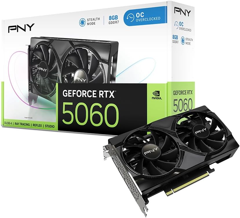 PNY NVIDIA GeForce RTX™ 5060 OC Dual Fan, Graphics Card (8GB GDDR7, 128-bit, SFF-Ready, PCIe® 5.0, HDMI®/DP 2.1, 2-Slot, NVIDIA Blackwell Architecture, DLSS 4)