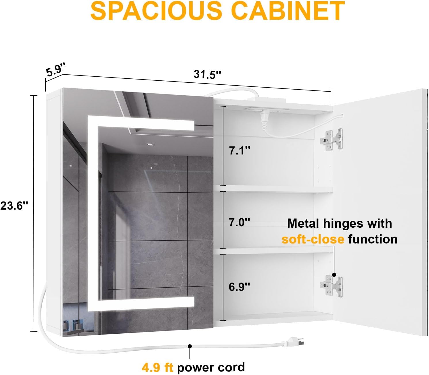 Snughome Bathroom Medicine Cabinet with Mirror and LED Lights, Wall Mount Bathroom Mirror with Storage, Anti-Fog, Built-in Power Outlets, Dimmable 3 Color Temp, Antirust Easy to Install, 31.5