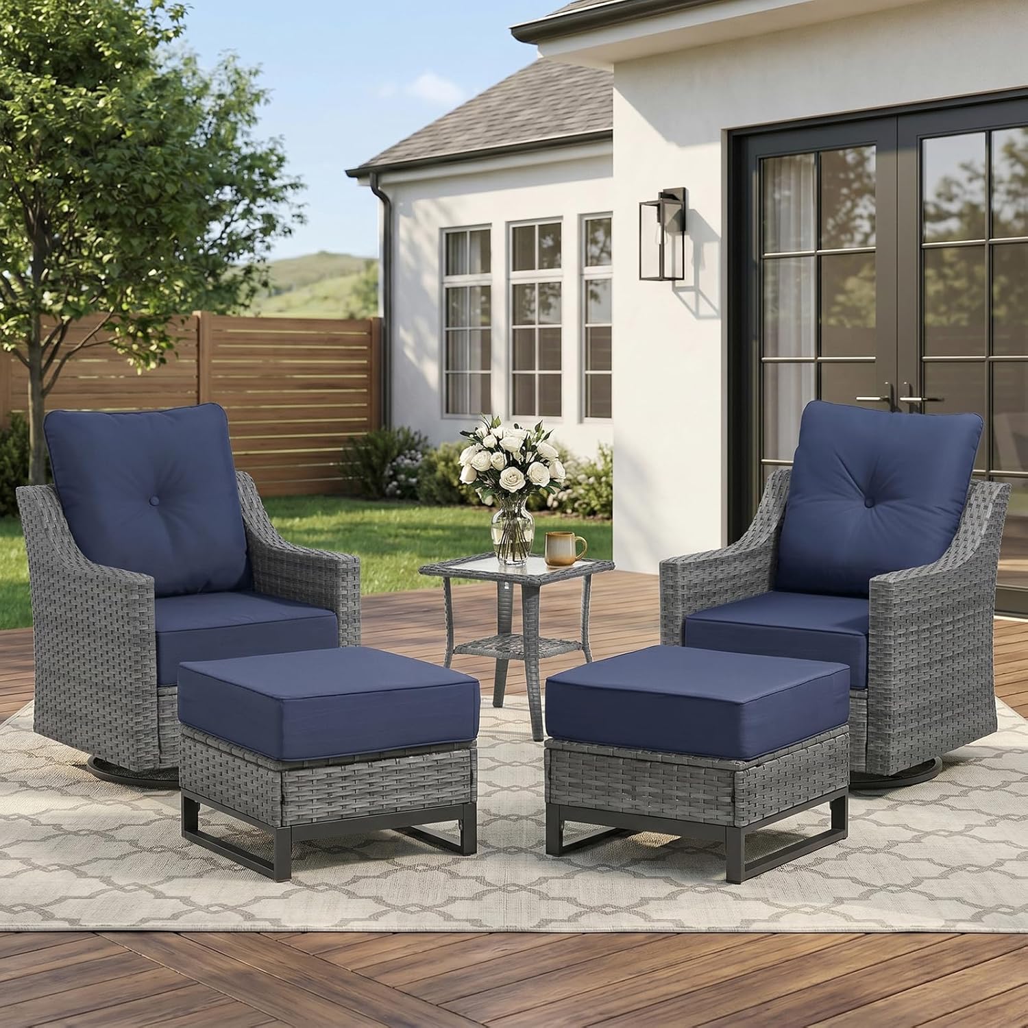 5 Piece Patio Furniture Set,360°Swivel Glider Patio Chairs Set of 2,Side Tale and 2 Ottomans, All-Weather Wicker Patio Set Comfortable Seating with 6 Inch Thick Cushions for Balcony Garden