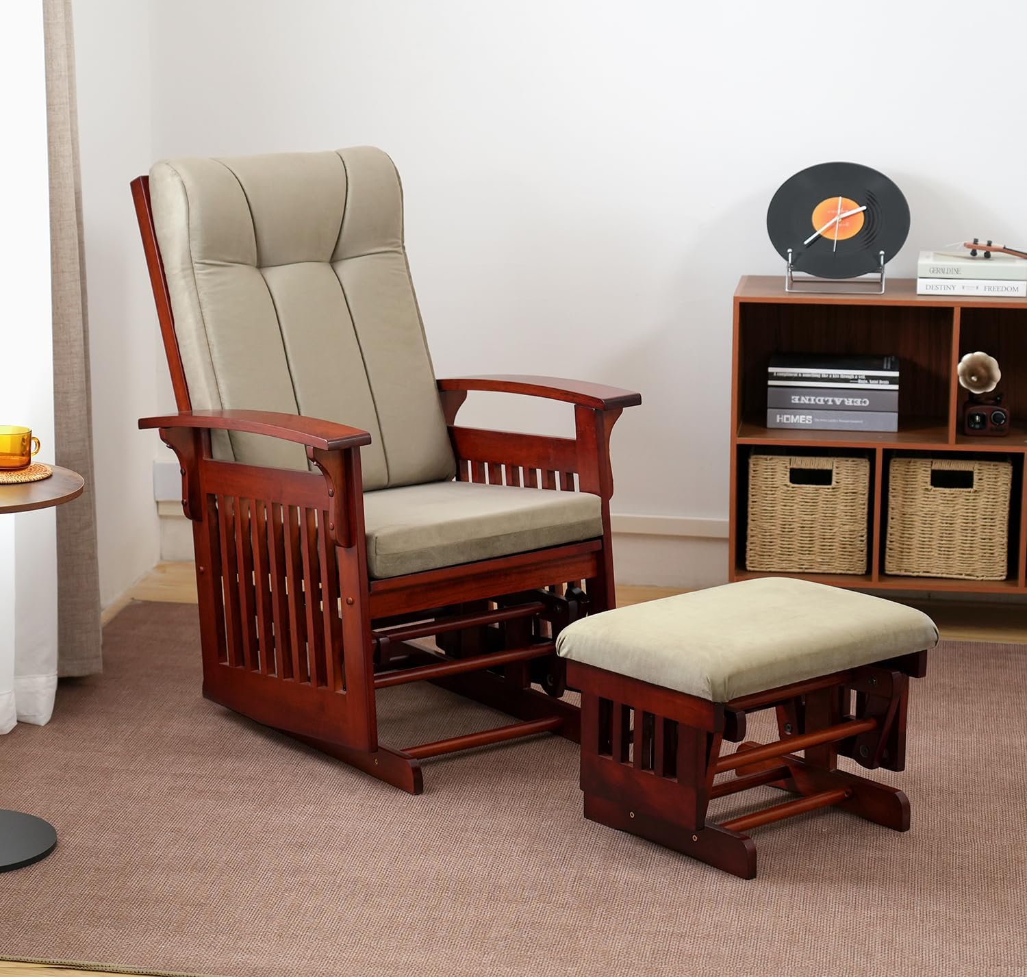 Glider with Ottoman Smooth Glider Rocking Chair, Nursery Glider with Ottoman Smooth Rocking Motion, Solid Hardwood Base, Easy Assembly for Living Room Bedroom (Light Grey)