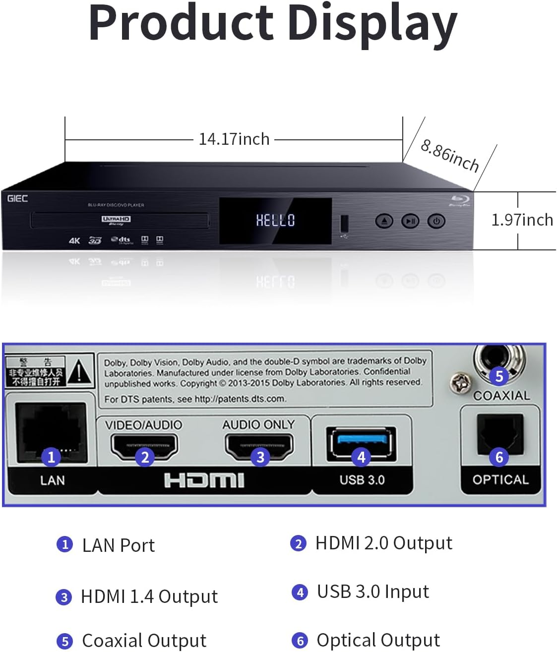 G5300 4K Ultra HD Blu Ray Player for Region A Discs 3D Blu Ray DVD Player for TV/Projector 4K HDR 10 Dual HDMI Outputs/COAXIAL/Optical/USB 3.0