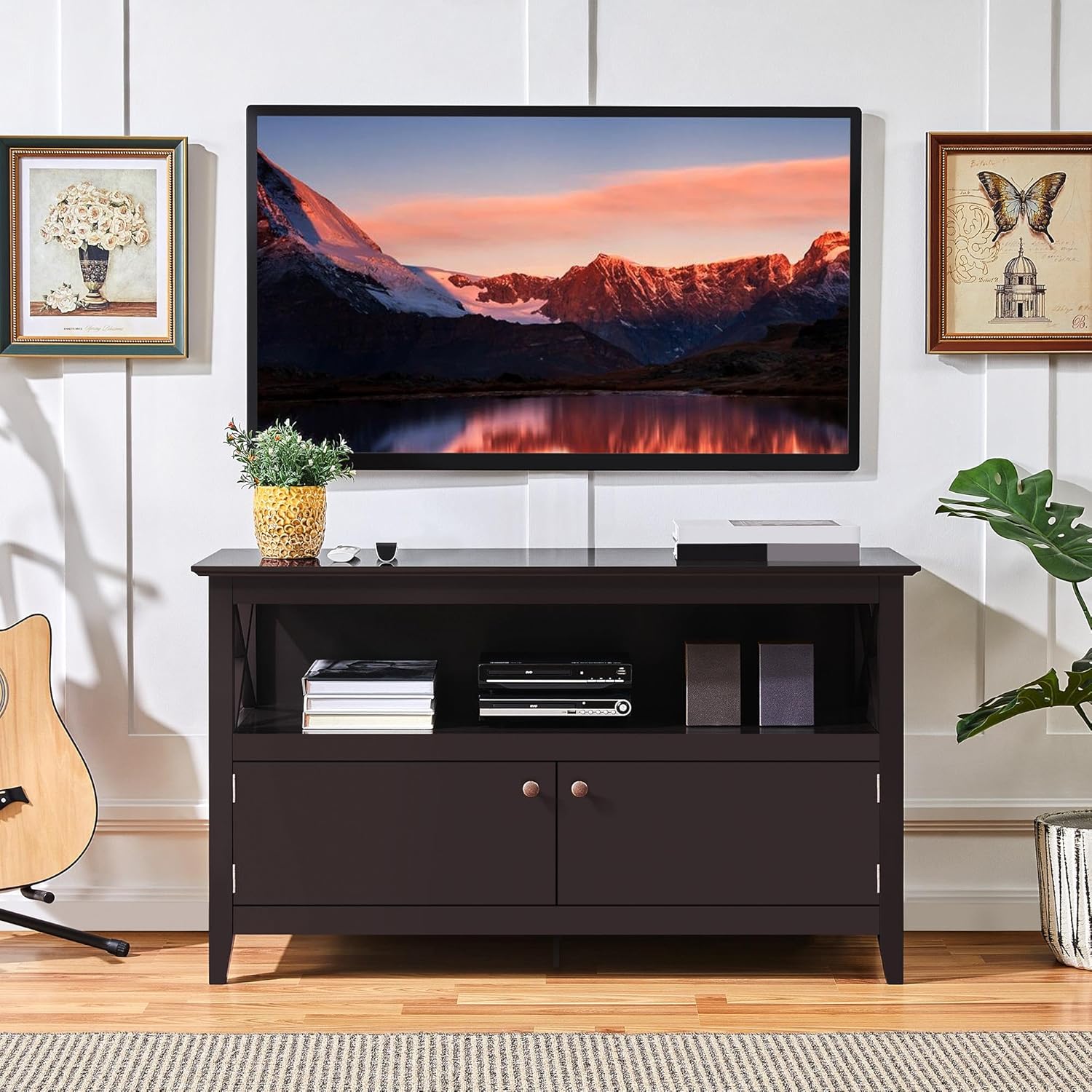 Yaheetech Wooden TV Stand for TVs Up to 48 inch, Media Entertainment Center Table, TV Cabinet Table with Storage Open Shelf & 2 Doors for Living Room, Espresso