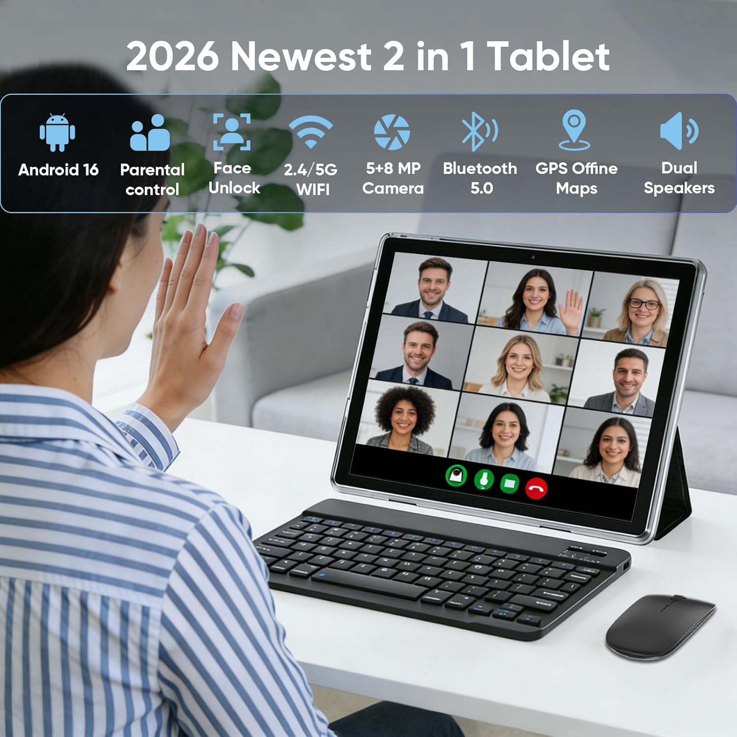 Android 16 Tablet, 10 Inch Tablets with Keyboard, Octa-Core CPU, 2 in 1 Tablet with Gemini AI, Face Unlock, 18W Fast Charger, 30GB+64GB+2TB Expand, 5G WiFi, Tablets PC with Case, Mouse, Stylus (Blue)