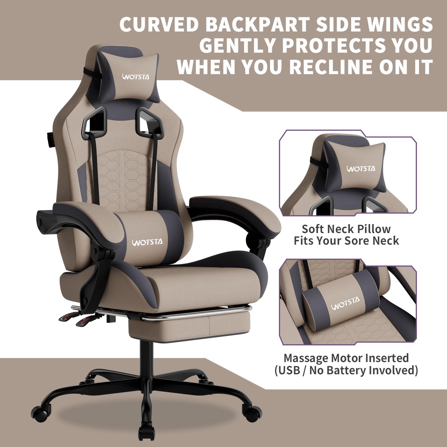 WOTSTA Gaming Chair with Massage and Footrest, Ergonomic