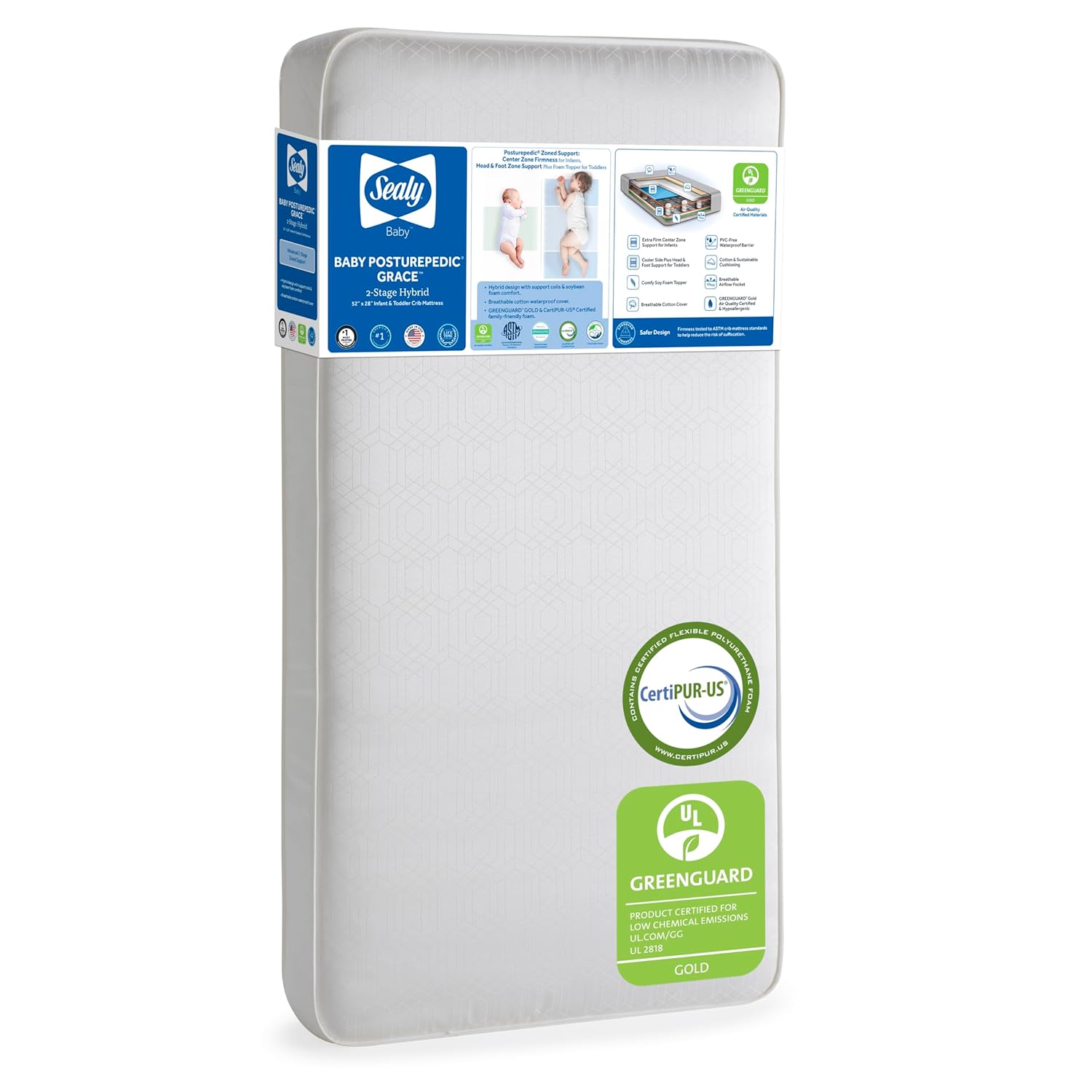 Sealy Baby Posturepedic Grace Hybrid - Firm 2 Stage Breathable Crib Mattress with Waterproof Barrier - GREENGUARD Gold Certified, Soy-enhanced Foam for Infants and Toddlers, Made in the USA (52x28