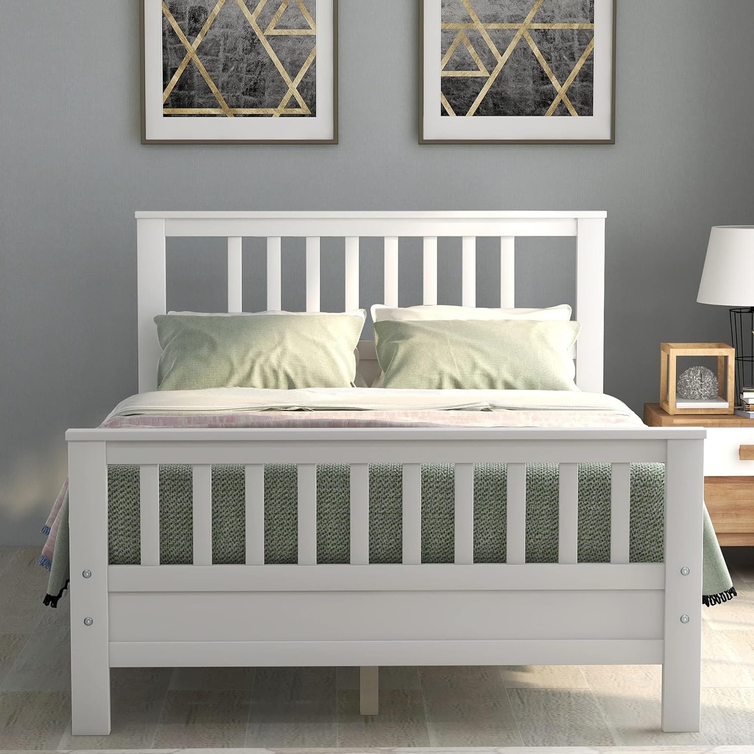 GDFStudio Full Size Wood Platform Bed with Headboard and Footboard, Solid Wood and MDF Frame, 42 Inch High Headboard, Slat Support No Box Spring Needed, White