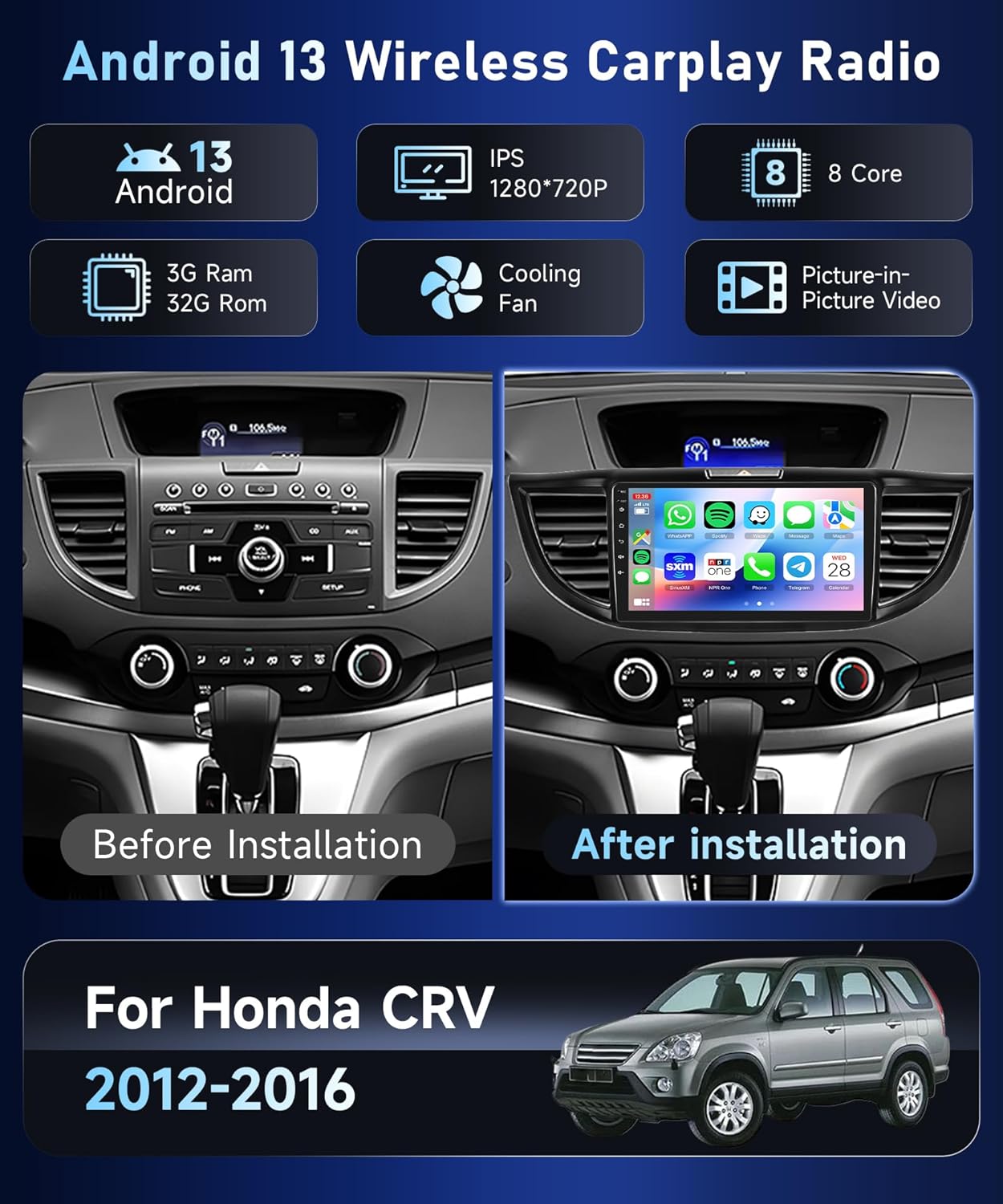 8Core4+64G Car Stereo for Honda CRV 2012-2016 Wireless CarPlay/Android Auto Android Radio with Qualcomm 9