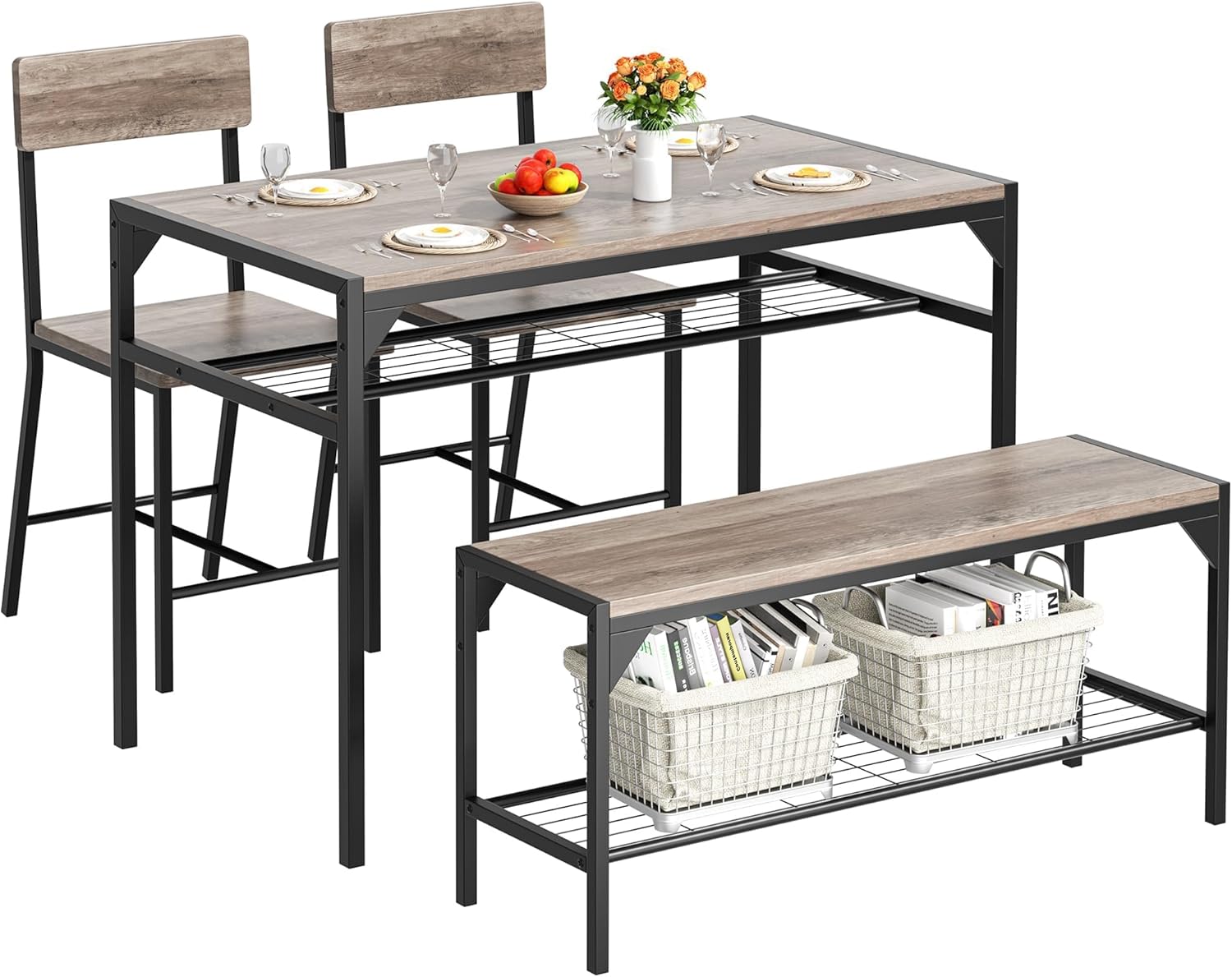 Shintenchi Kitchen Table Chairs Set of 4, Dining Table Set for 4 with Bench and Chairs, 4 Pieces Kitchen Table Set with Storage Rack & Metal Frame for Small Space, Gray