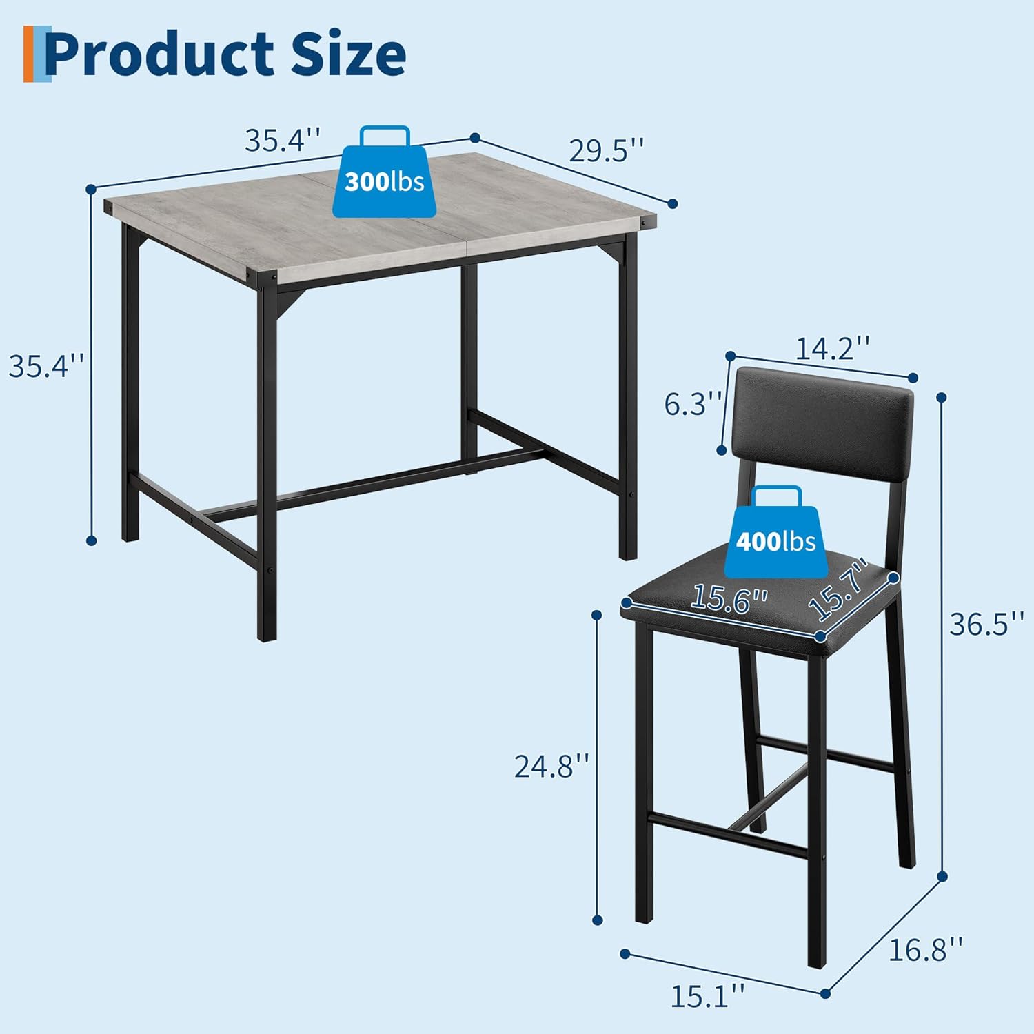 IDEALHOUSE Dining Table Set for 4 w/Footrest, 5-Piece Kitchen Table Set with Corner Protector, Counter Height Table with 4 Upholstered Bar Stools, for Apartment, Pub, Rustic Gray