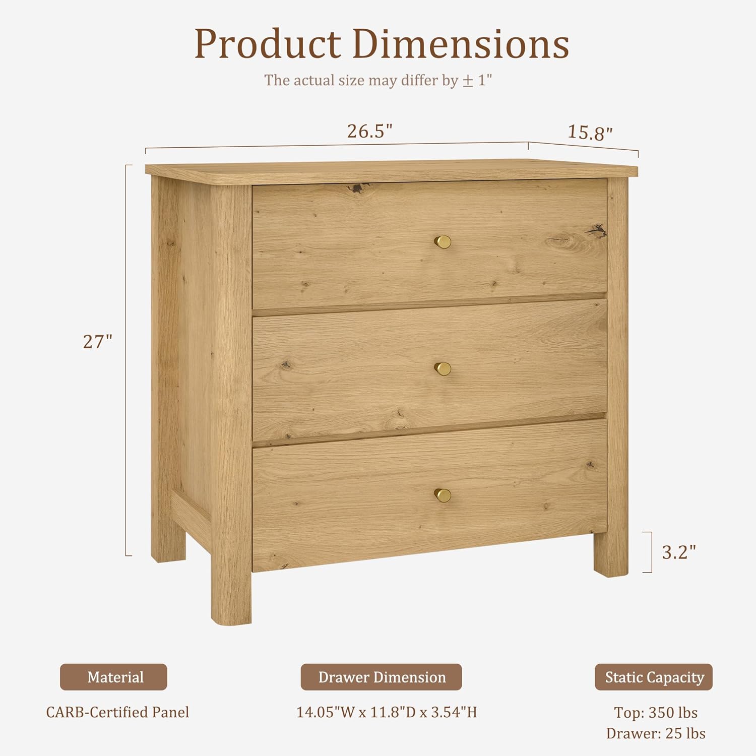 Large Oak Wood Nightstand with 3 Drawers, 27