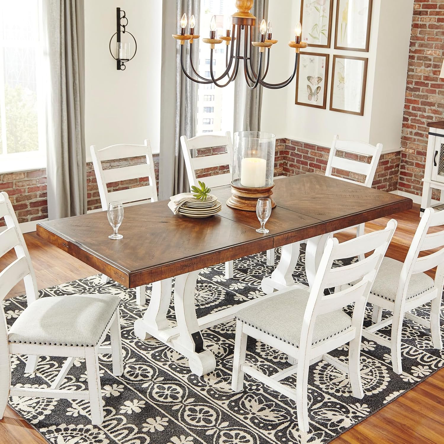 Signature Design by Ashley Valebeck Extendable Dining Room Table, Rustic Farmhouse Dining Table with Leaf Extension, Seats Up to 8, Vintage White/Brown