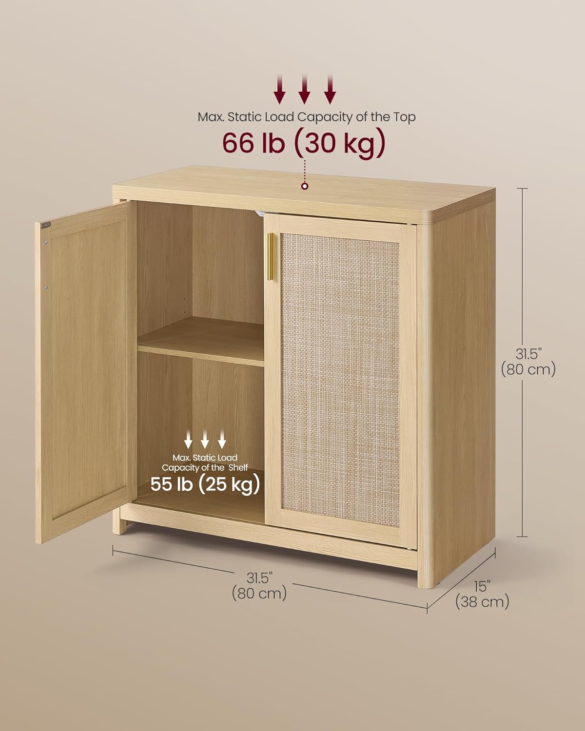 VASAGLE ELLAN Collection - Boho Buffet Cabinet with Rattan-Look Doors, Sideboard Storage Cabinet, Rounded Corners, Adjustable Shelf, for Kitchen, Oak Beige UBBK345YC01