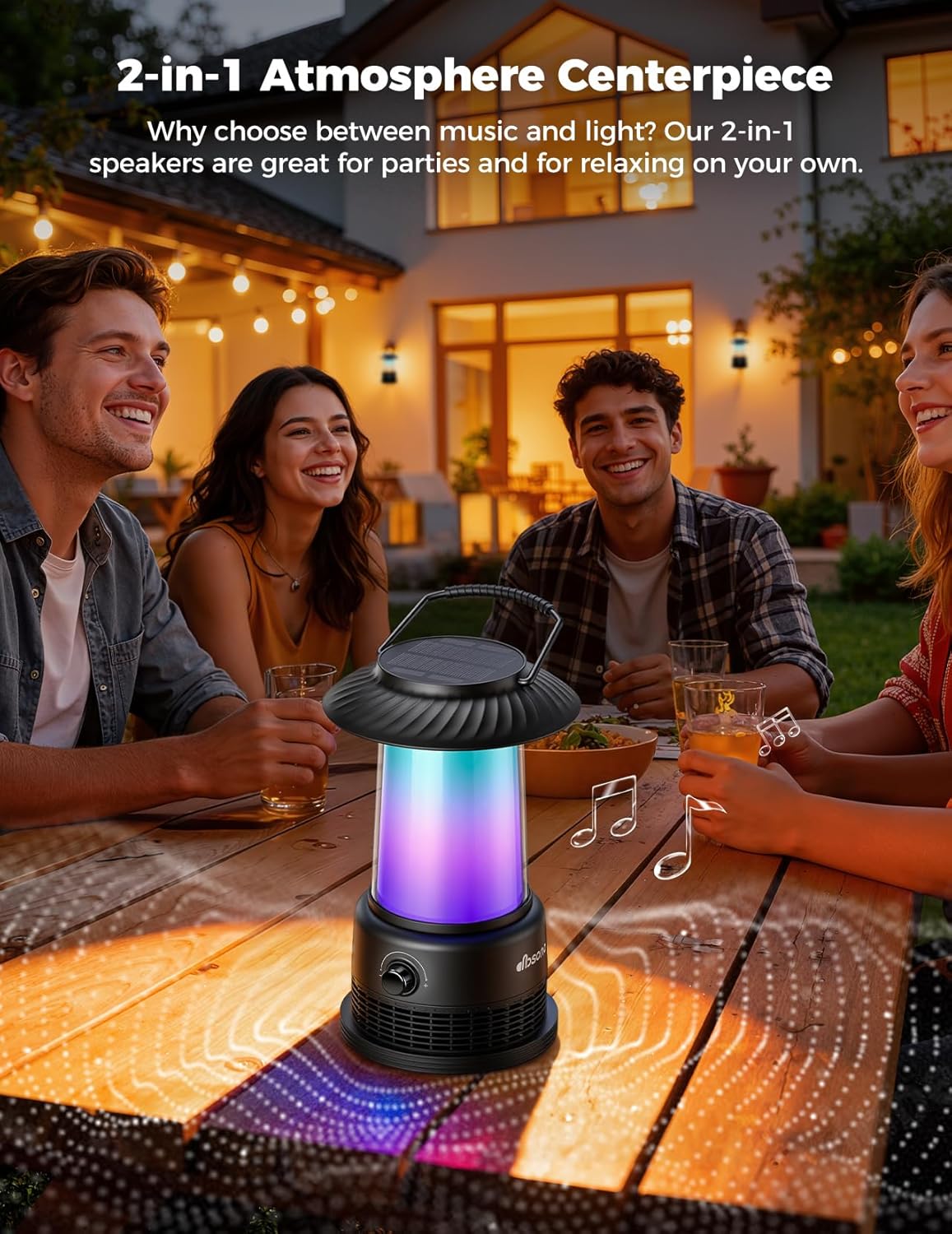 dbsono Outdoor Solar Speakers Home Decor: 2-Pack 30W Stereo Sound with 360° LED Lights|Multi-Sync 100Pcs|IPX7 Waterproof|20H Playtime|Bluetooth 5.4|Lanterns for Patio/Pool/Yard, Gifts for Women Men