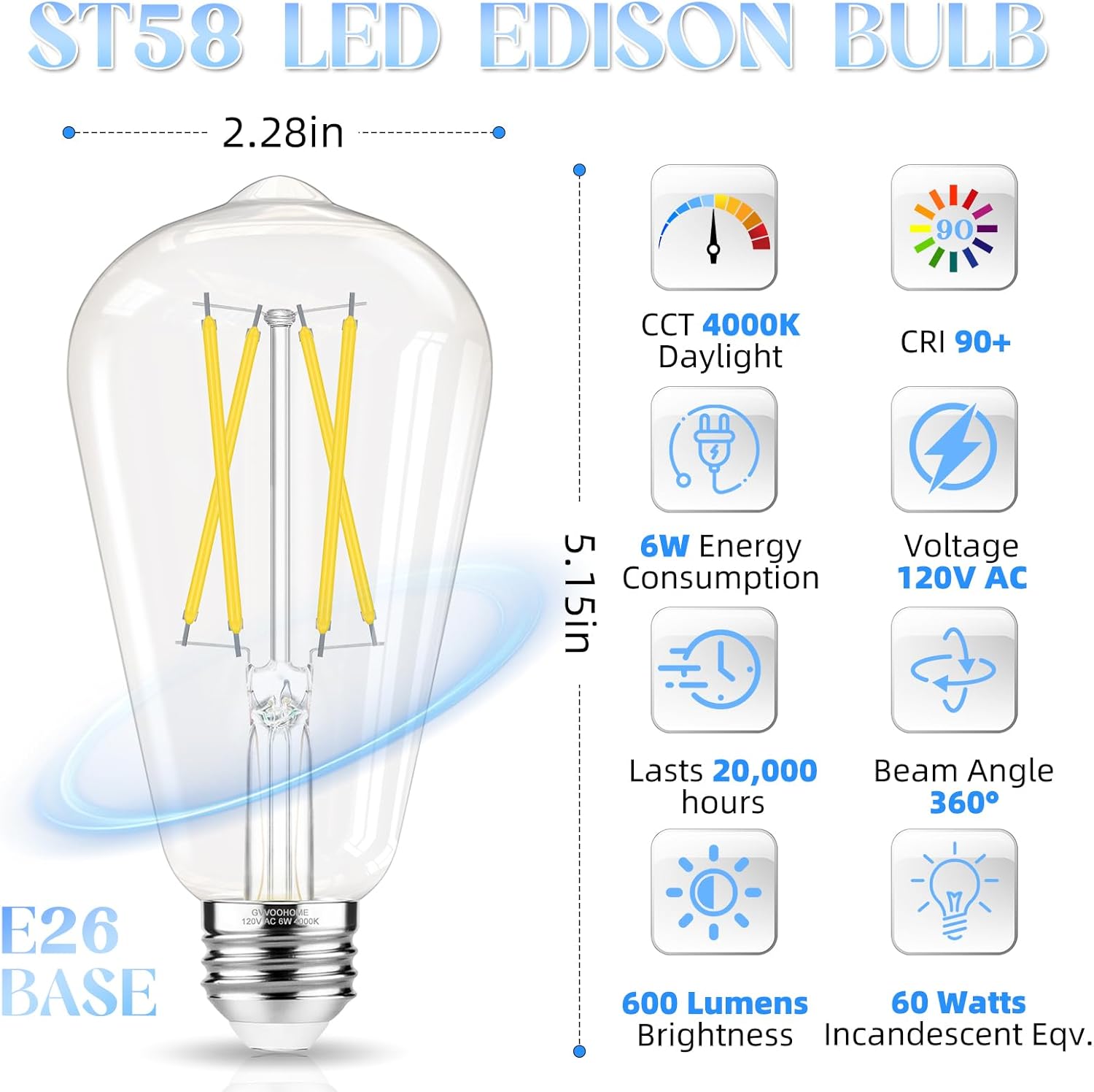 GvvooHome Edison Bulbs 60 watt Equivalent LED, E26 LED Bulb Non-Dimmable, 4000K Daylight White, ST58 Vintage Light Bulbs, 90+ CRI, 6W 600LM, E26 Medium Base, Clear Glass, 12 Pack