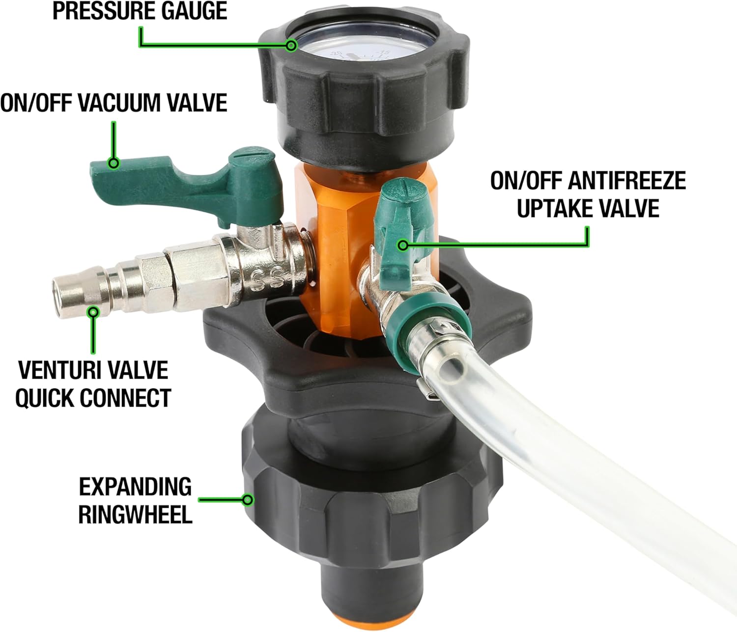 OEMTOOLS 24444 Coolant Vacuum Refill Kit, Coolant Pressure Tester Kit, 70–110 PSI Working Pressure, 5 Bushings, 1 Tapered Cone Adapter, Vacuum Leak Detector, Pressure Tester for Coolant System