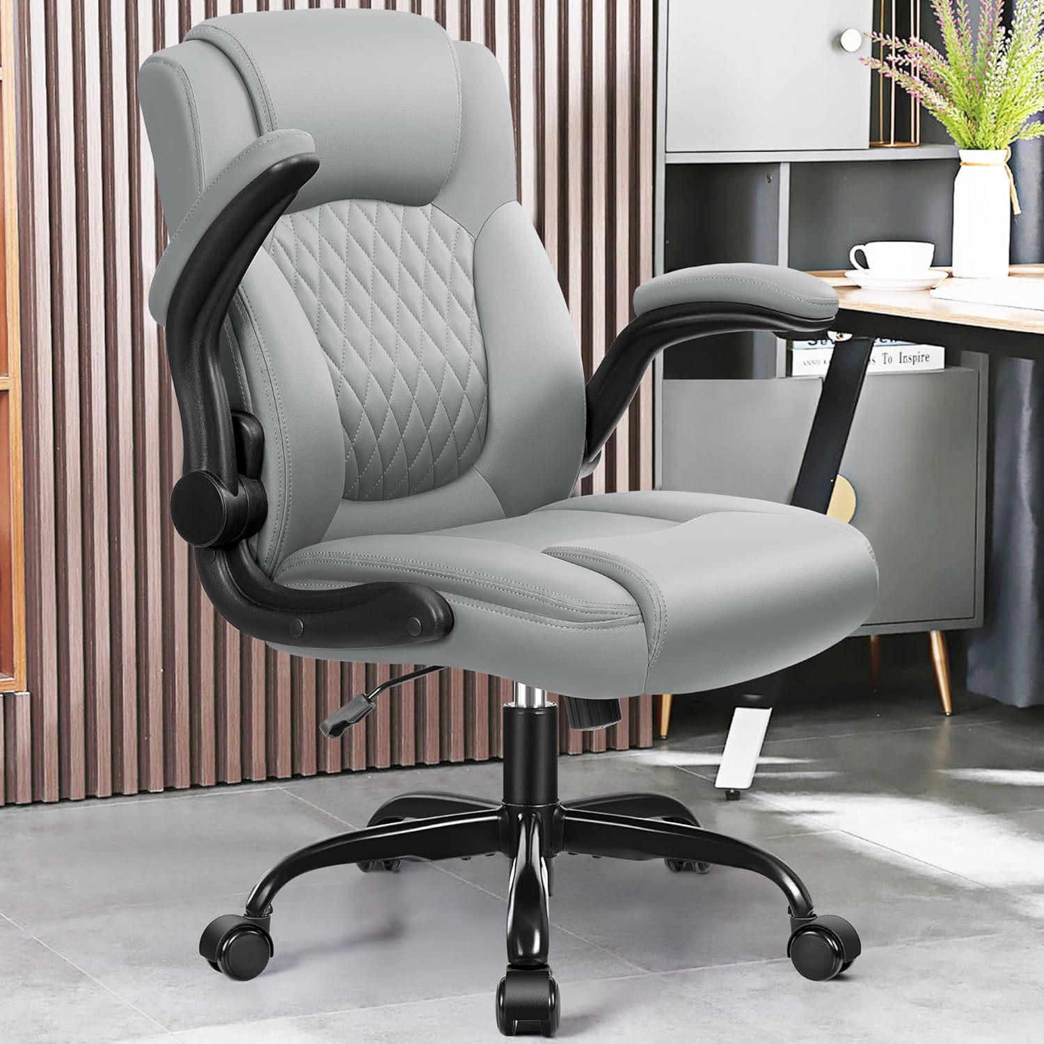 Leather Office Chair, PU Home Computer Desk Chairs with Ergonomic Back Support, 360°Swivel Free .Small Gaming Chair with Wheels and Adjustable Armrests, for Short People Use