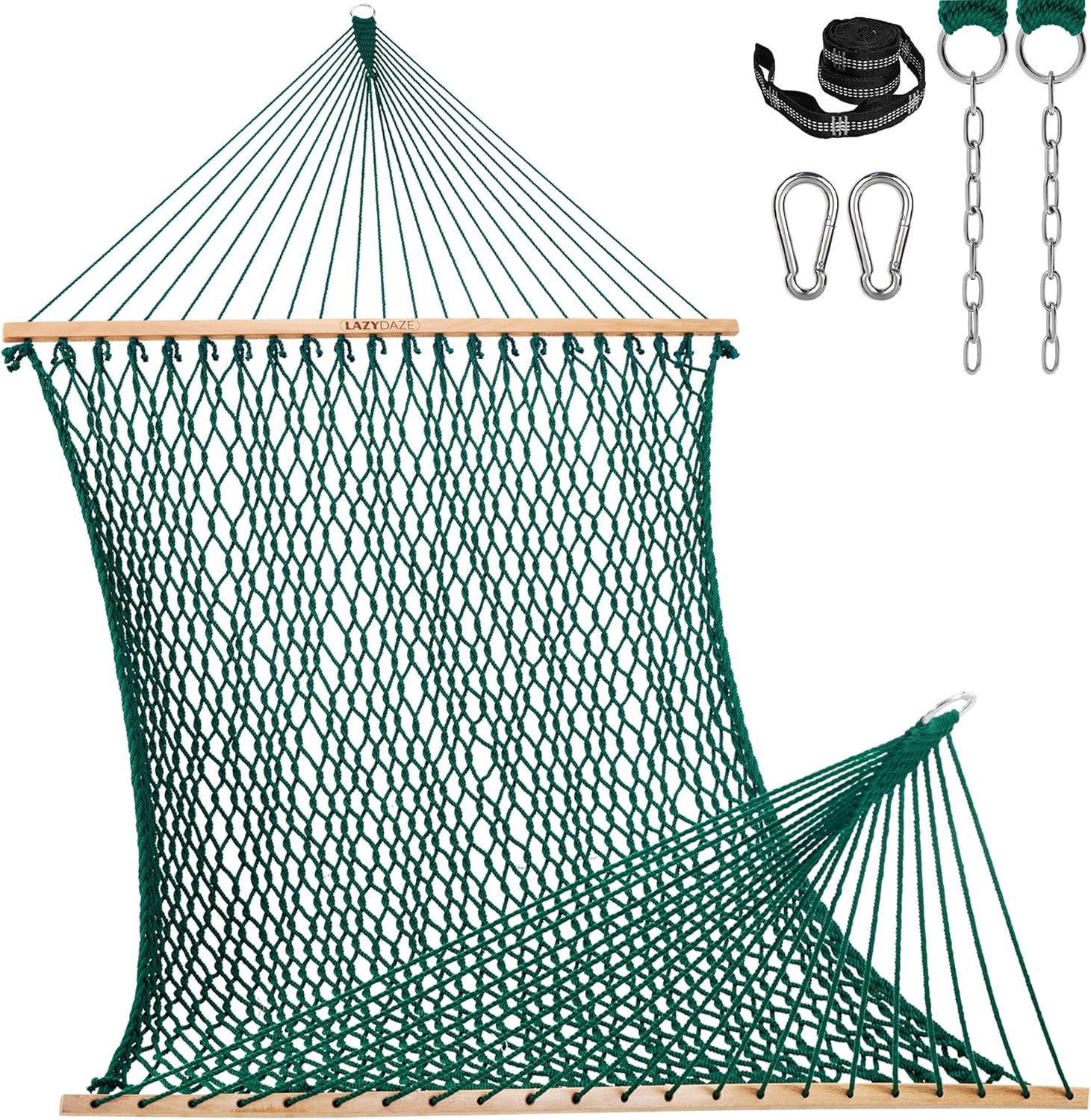Lazy Daze Hammocks 13-FT Polyester Rope Hammock, Double 2 Person Traditional Hand Woven Outdoor Hammock with Spreader Bar, Carabiners, Tree Straps, Chains for Outside Patio- Max 450 Lbs, Green
