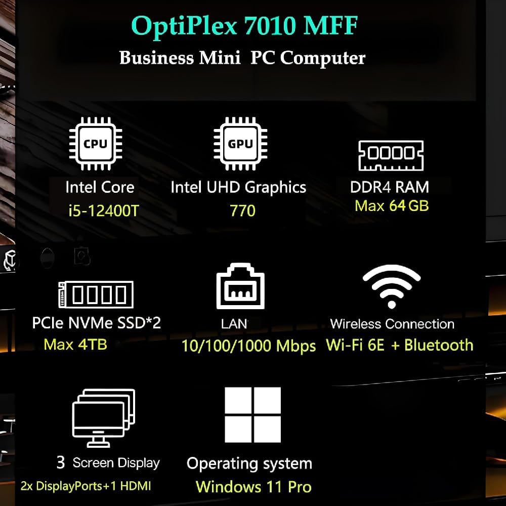 Dell OptiPlex 7010 Micro Desktop pc for Bussiness & Home, Intel 6-Core i5-12400T, 16GB DDR4 RAM, 512GB PCIe SSD, WiFi 6E, HDMI, 2 DisplayPorts, Windows 11 Pro