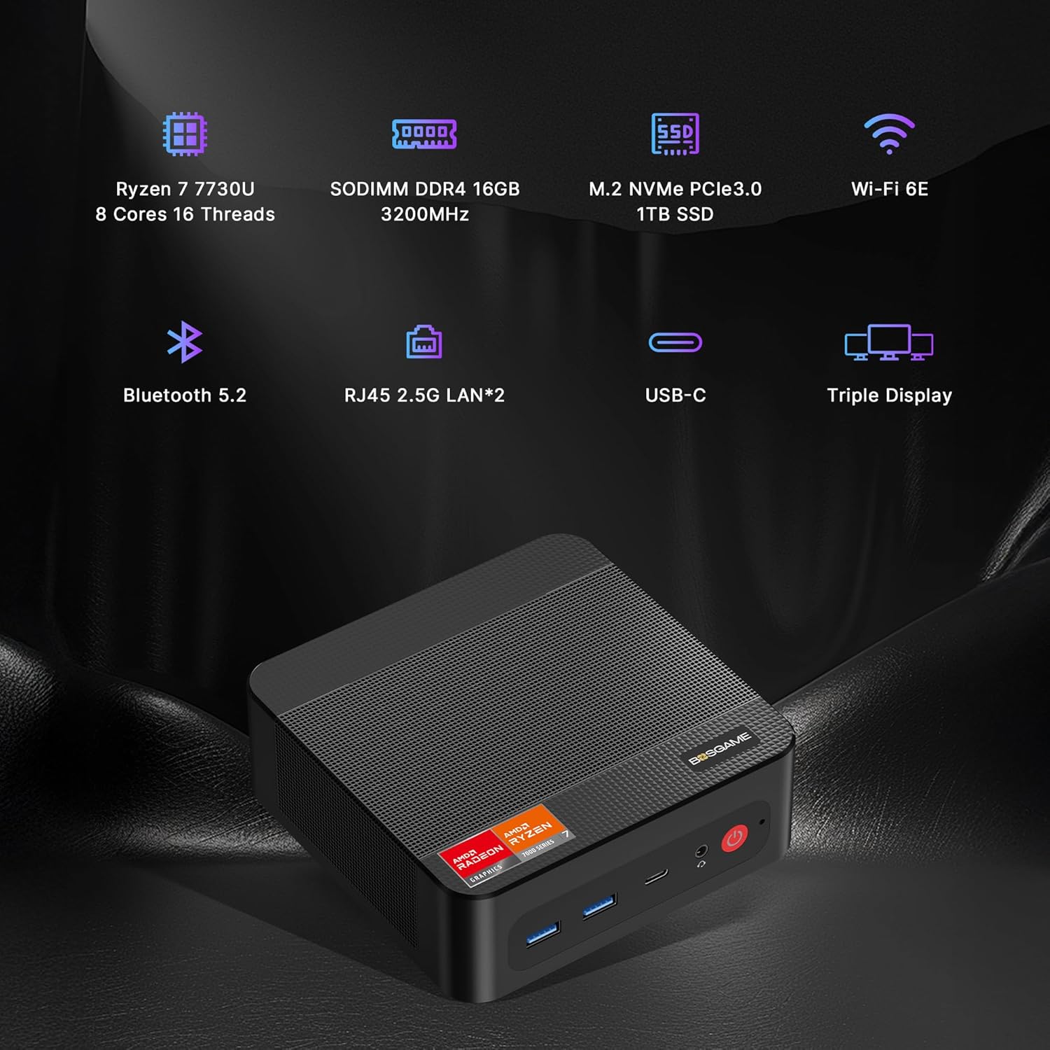 BOSGAME P4 Ultra Mini PC, AMD Ryzen 7 7730U (up to 4.5GHz), 16GB DDR4, 1TB PCIe SSD Mini Desktop Computer, Dual LAN 2.5G & Wi-Fi 6E & BT5.2, 4K Triple Display, for Home, Office, Gaming