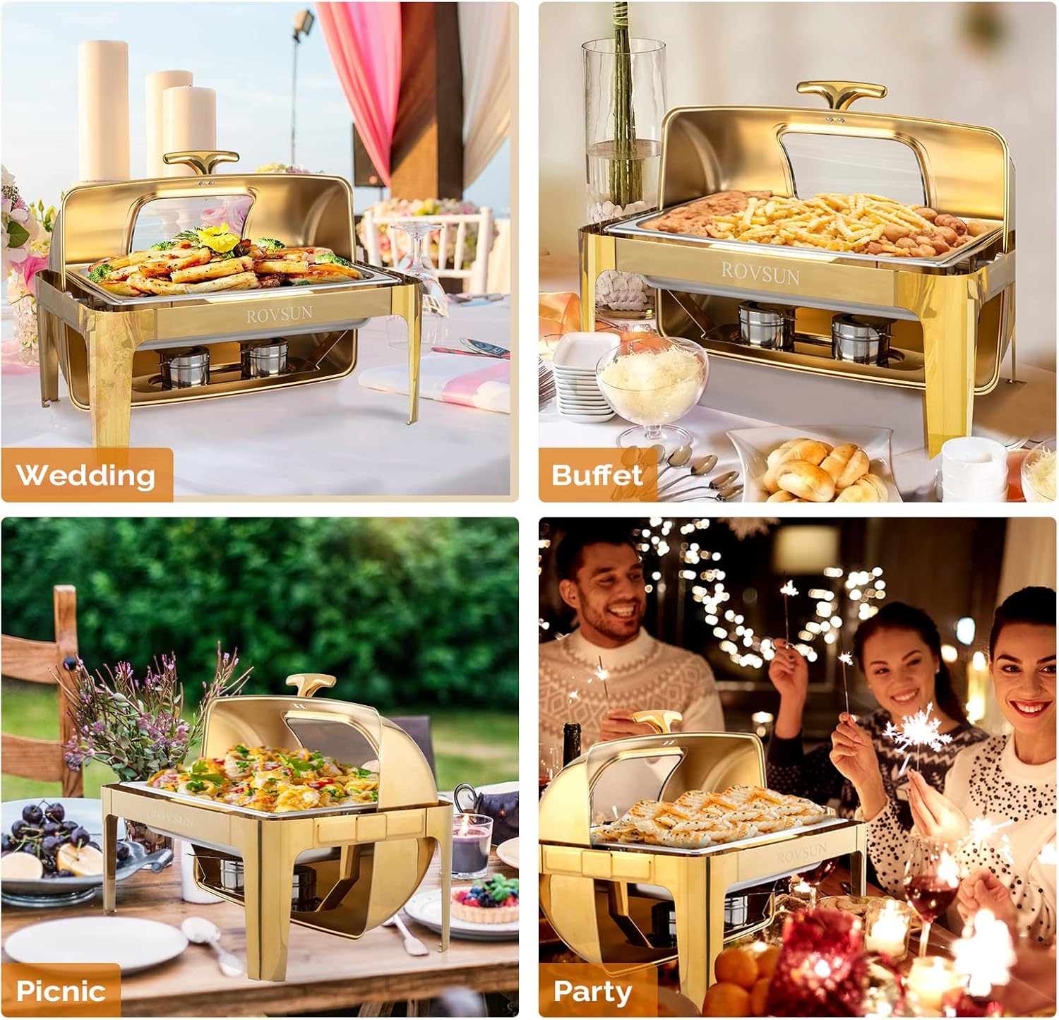 ROVSUN 9QT 3 Pack Roll Top Chafing Dish Buffet Set, Rectangular NSF Stainless Steel Buffet Warmer Chafers with Thick Frame for Catering Events Parties Weddings Dinners, Gold