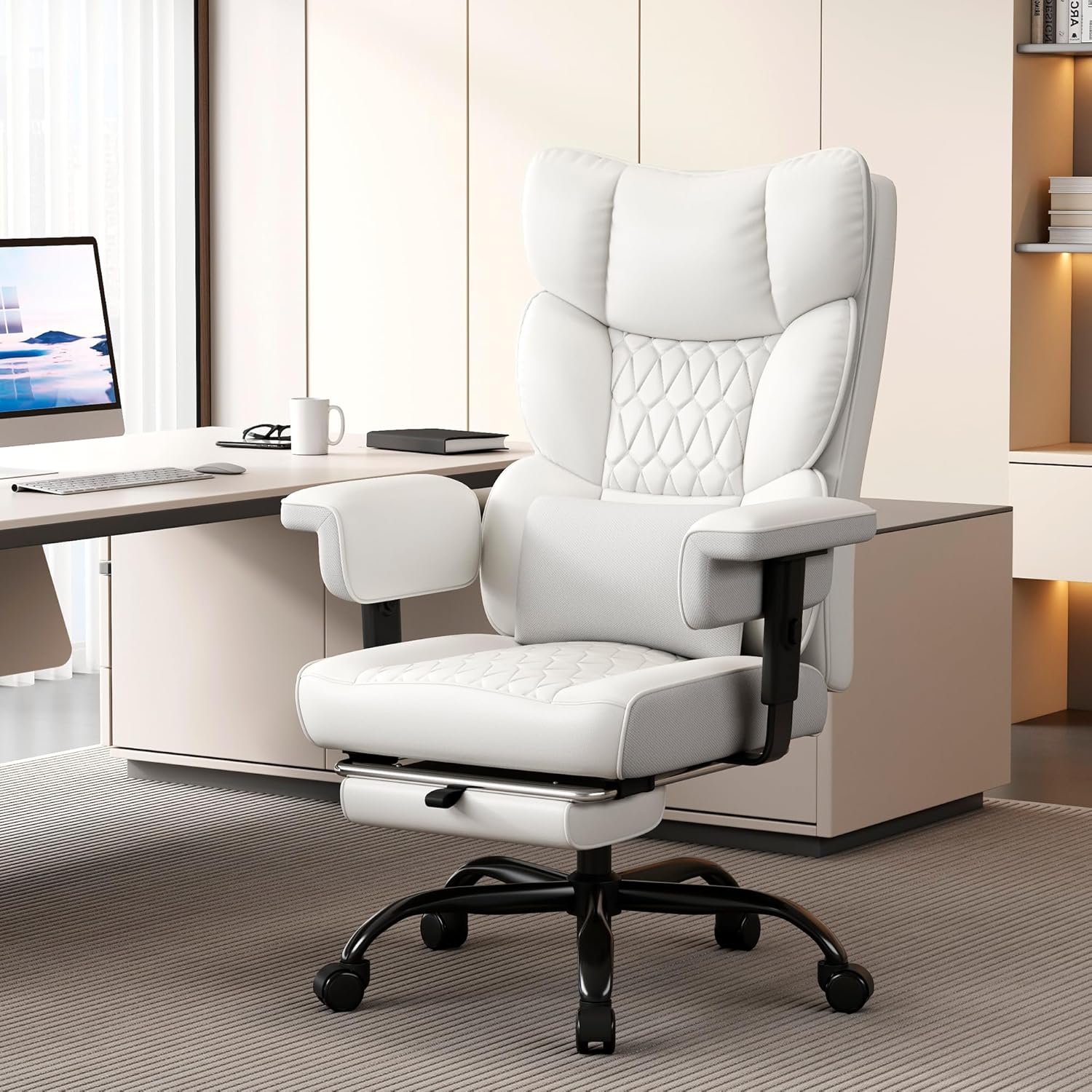 Misolant Big and Tall Office Chair with Footrest, High Back Executive Desk Chair with Adjustable Lift Armrest, 155°Recline .Lumbar Support Pillow, Faux Leather Gaming Chairs for Home or Office White