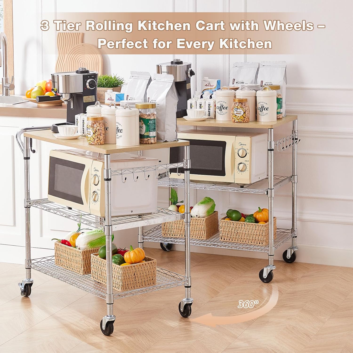 3 Tier Rolling Kitchen Cart with Wood Tabletop, Kitchen Island Carts with Wheels & Slider Shelf, Microwave Cart on Wheels, Coffee Cart with Hooks, 35.4