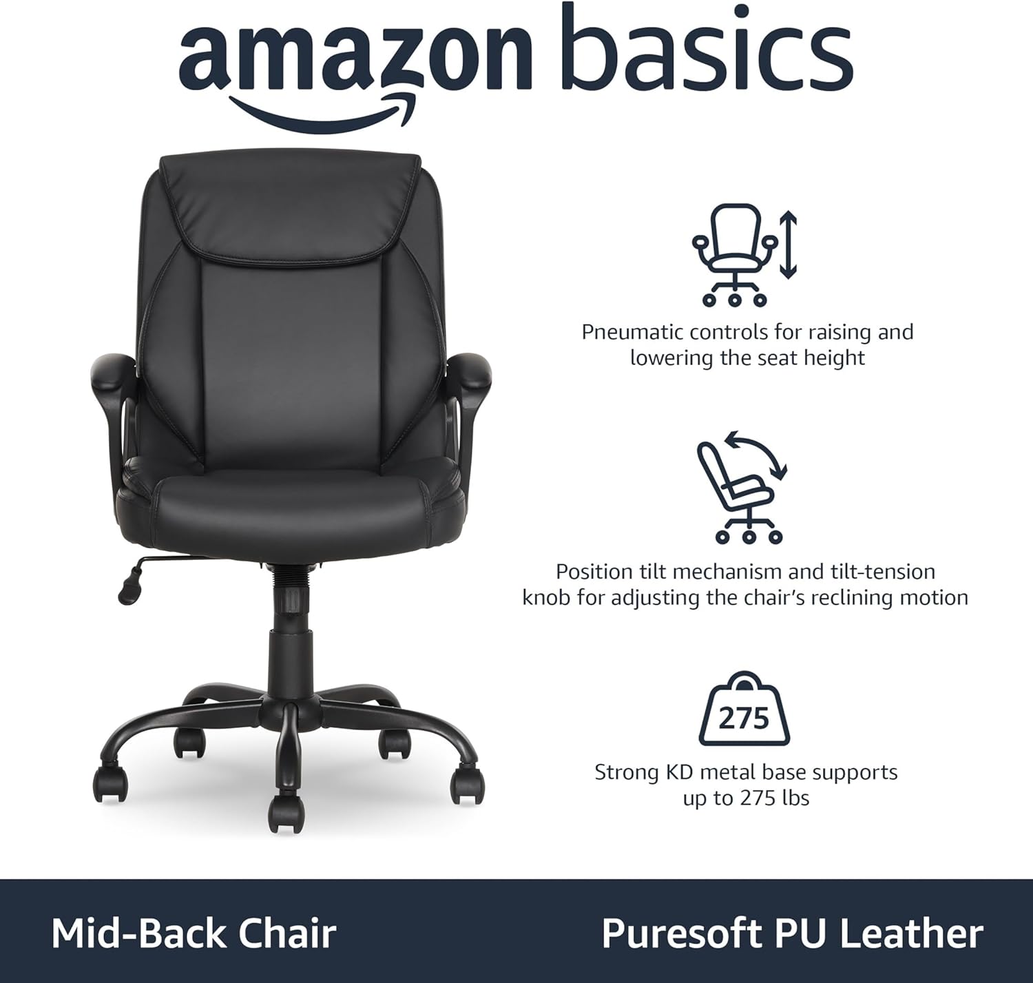 Amazon Basics Classic Puresoft PU Padded Mid-Back Office Desk Chair with Armrest, Easy Assembly, Sturdy Metal Base, Wheels, 275lb Support, 26