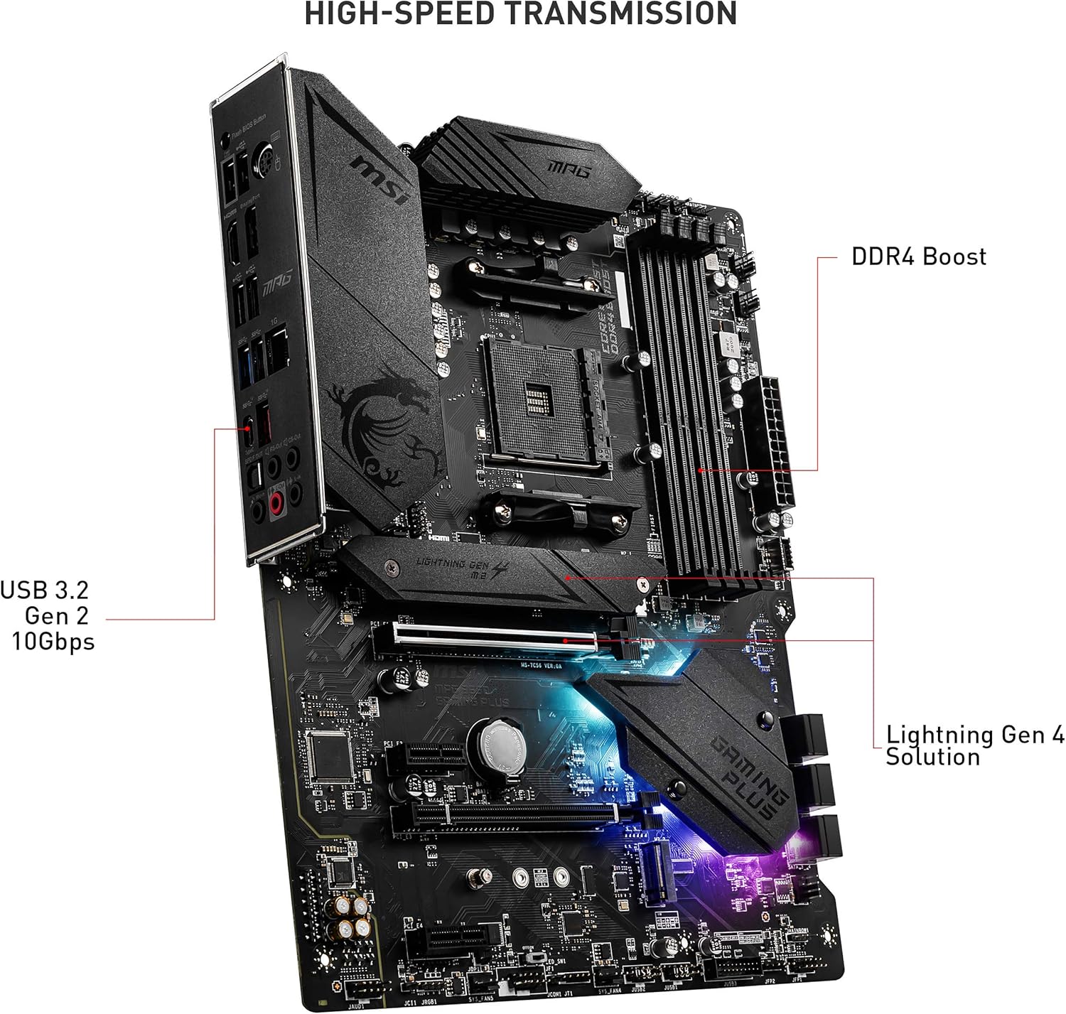 MSI MPG B550 Gaming Plus Gaming Motherboard (AMD Ryzen 5000, AM4, DDR4, PCIe 4.0, SATA 6Gb/s, M.2, USB 3.2 Gen 2, HDMI/DP, ATX)