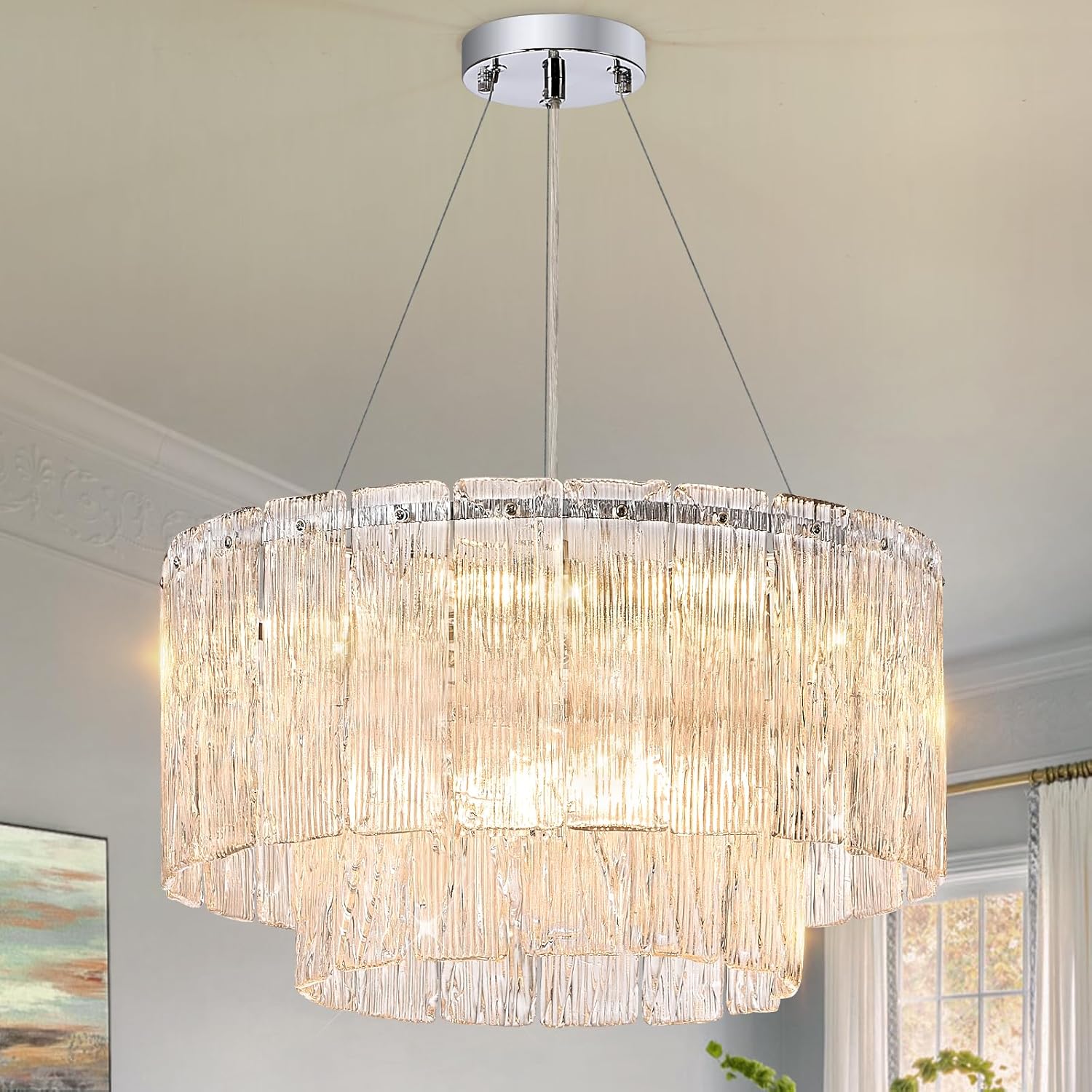 Modern Chrome Chandeliers, 20” 7-Light Crystal Glass Ceiling Pendant Light Fixtures Luxury Round Chandelier 2 Tiers Hanging Lighting for Dining Room Foyer Living Room Bedroom