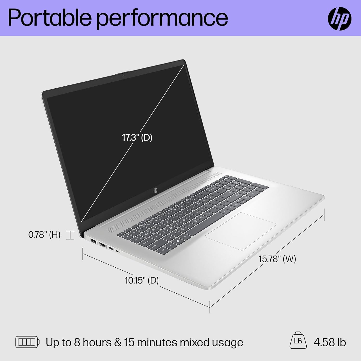 HP 17.3 inch FHD Display Laptop | AMD Ryzen 5 7520U((Beat i7-1165G7) | AMD Radeon Graphics | Webcam| Bluetooth | Silver| 16GB RAM | 512GB SSD | Windows 11 Home |Bundle with Laptop Stand