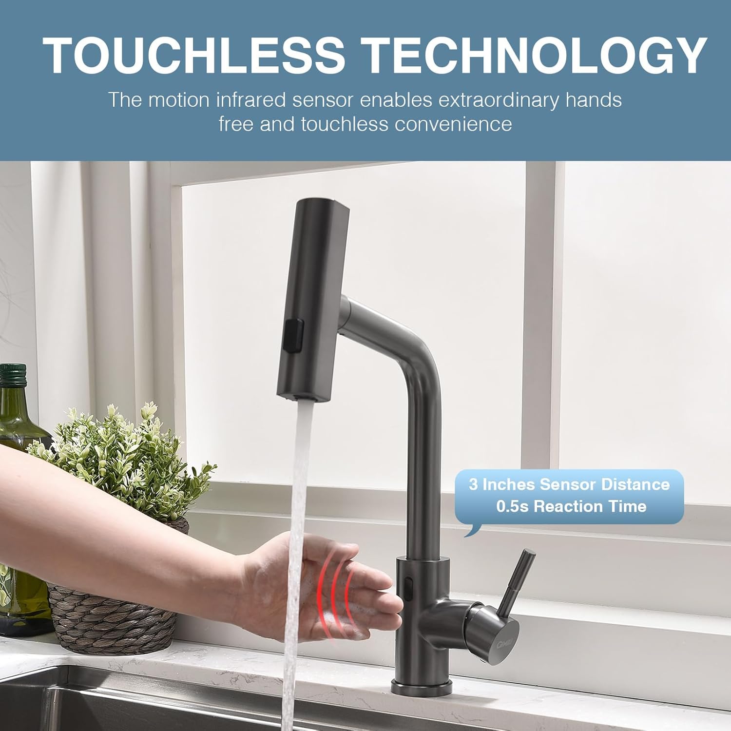 GIMILI Black Stainless Touchless Kitchen Faucet with Pull Down Sprayer, 15” Hight Single Hole Handle Kitchen Sink Faucets